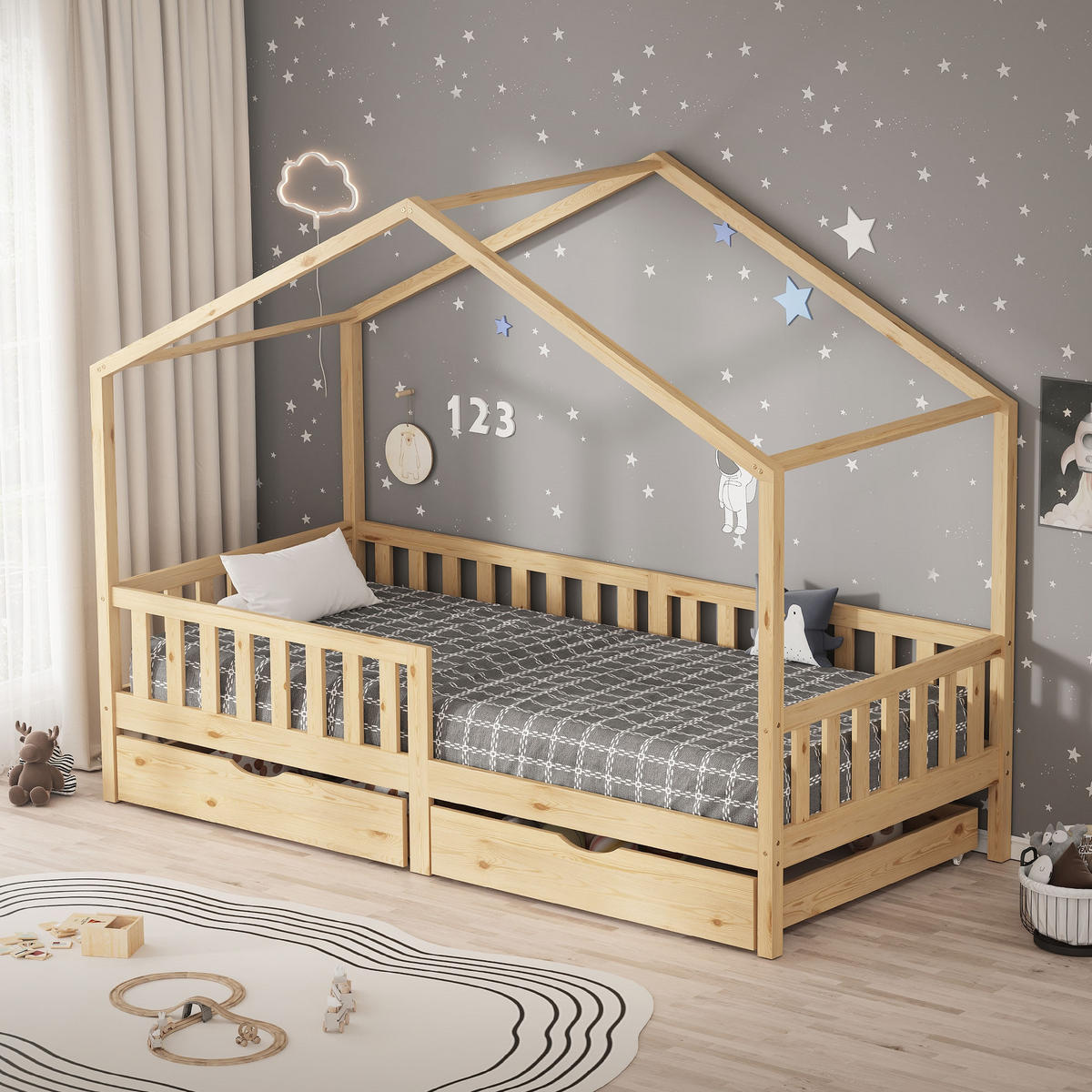 HAUSBETT 90x200 cm Natur aus Kiefernholz mit 2 Schubladen und Rausfallschutz - Beige, Holz (90/200cm) - ML-DESIGN