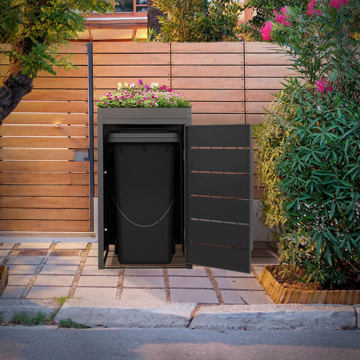 MÜLLTONNENBOX 1er mit Pflanzdach 240L 68x80x124 cm Anthrazit aus Stahl - Anthrazit, Metall (80/124/68cm) - ML-DESIGN