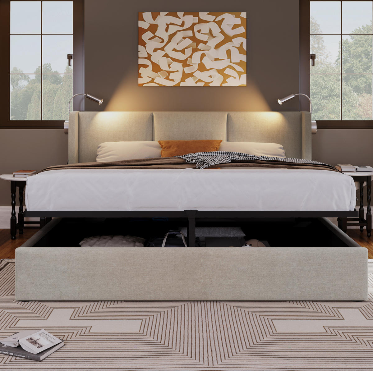 POLSTERBETT 180x200 cm in Beige mit Bettkasten, Leselampe und 2 USB-Anschlüssen - Beige, Textil (180/200cm) - IVMEU