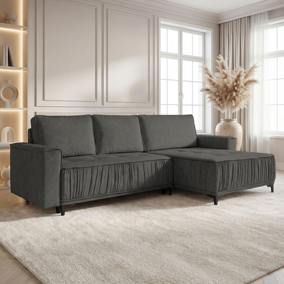 ECKSOFA Velora mit Schlaffunktion & Stauraum, Universell Rechts/Links, Grau Samt 270/92/150 cm - Schwarz/Grau, Textil/Metall (270/150cm) - WFL GROUP