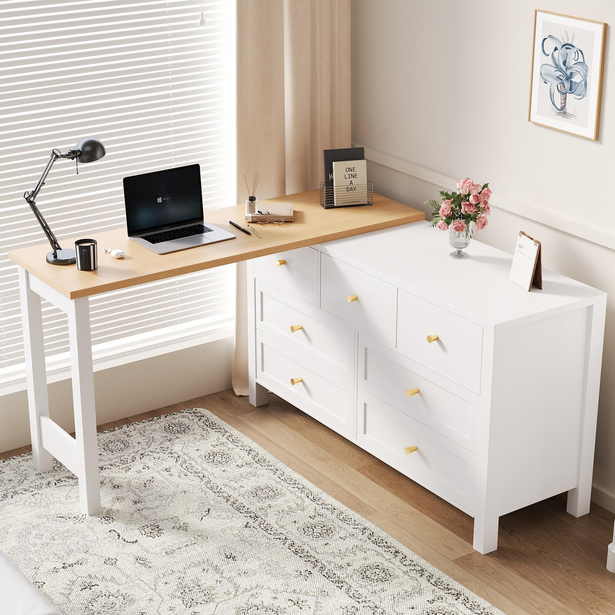 SCHREIBTISCH 2-in-1 7 Schubladen 360° drehbar Eiche Weiß modern - Multicolor, Holzwerkstoff (120/40/70cm) - FLIEKS
