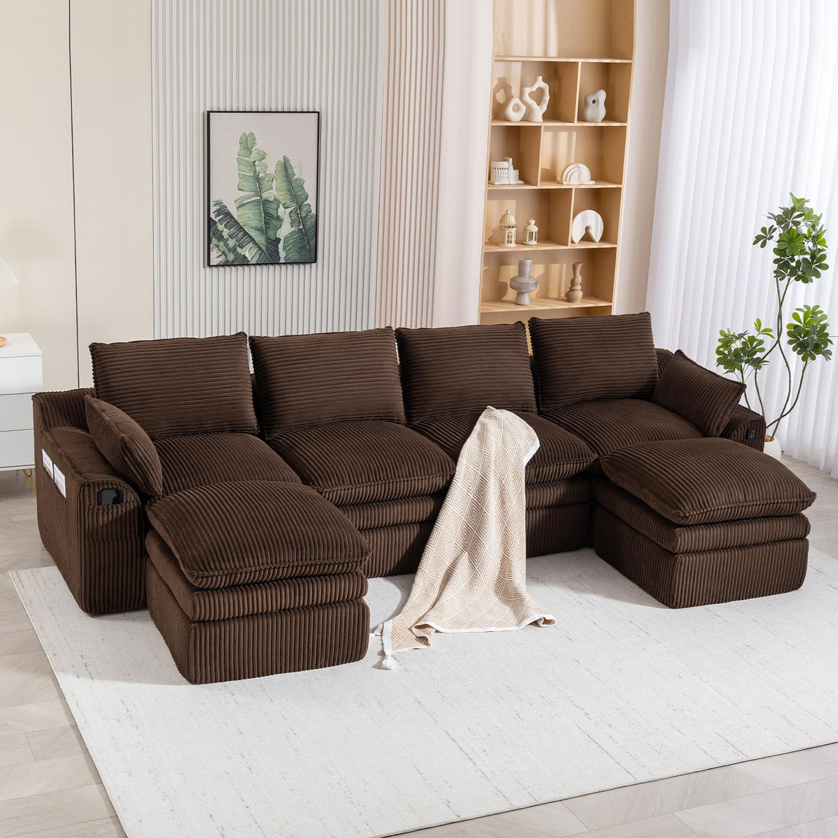WOHNLANDSCHAFT Cord Braun mit Kissen, Seitentaschen und Hocker - Braun, Textil (335/85/167cm) - WISHDOR