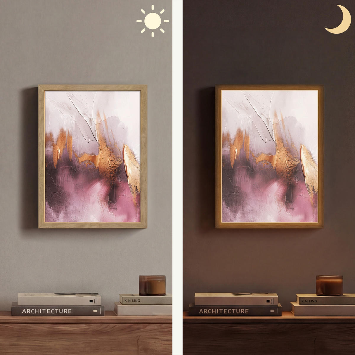 NÁSTĚNNÁ LAMPA S AKUMULÁTOREM Fialová - abstraktní - barva - zlatá 30x40 cm - světle fialová, kompozitní dřevo (30/40/8cm) - OnlyWow