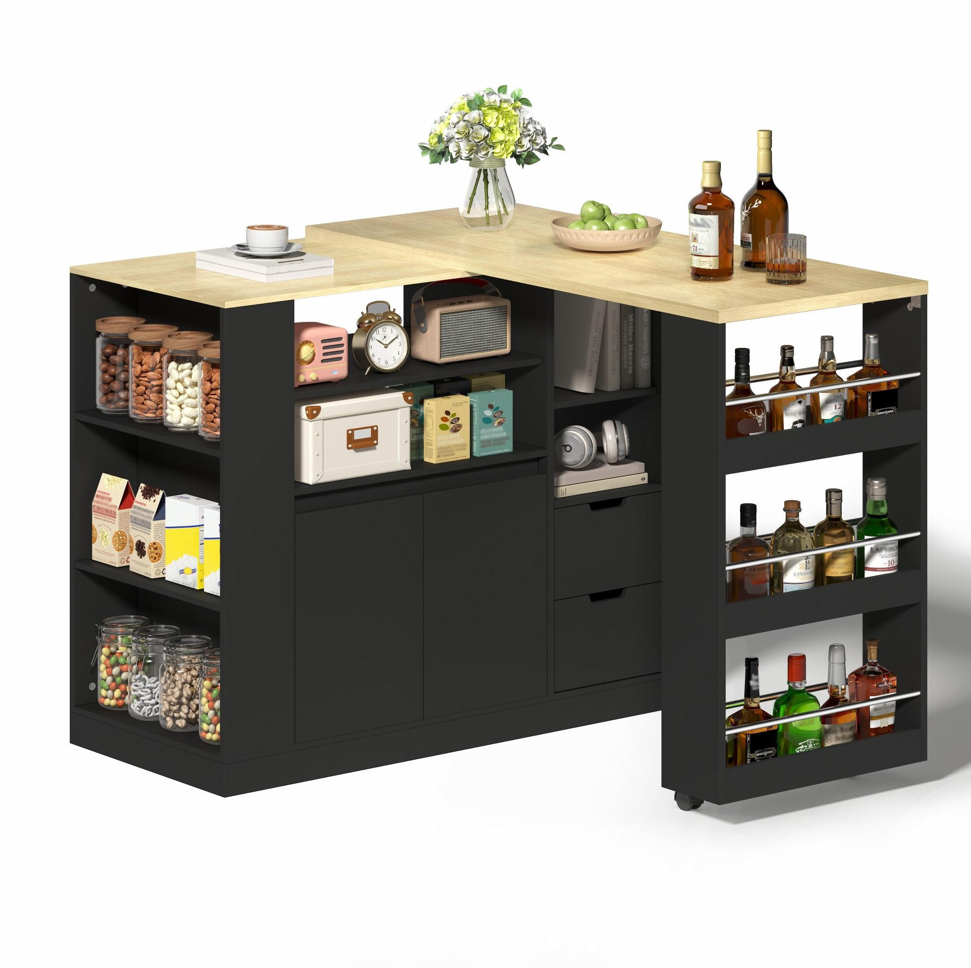KÜCHENINSEL 115x50x92cm Schwarz mit drehbarer Ausziehplatte & Gewürzregal - Schwarz, Holzwerkstoff (115/92/50cm) - Modfu