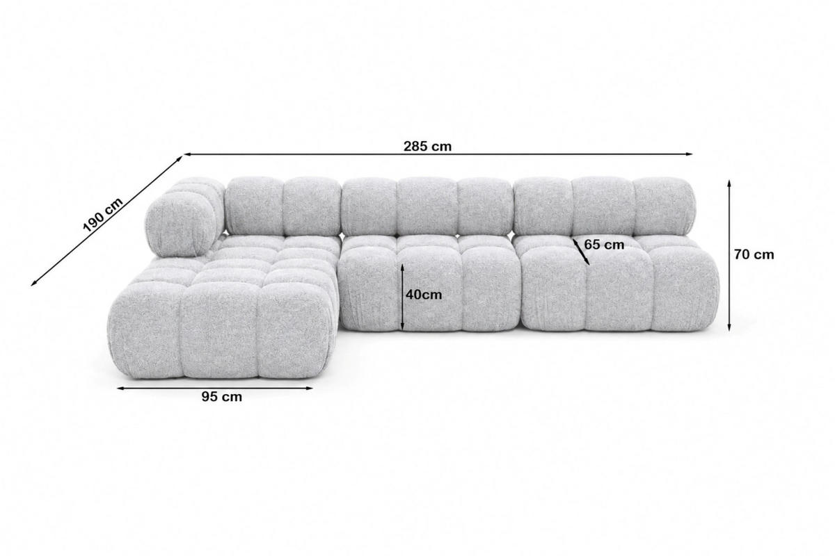 ROHOVÁ SEDAČKA ve tvaru L modulární, buklé tkanina Abriamo, Světle šedá, Levá strana, Selia - světle šedá, dřevo (285/190cm) - Kaiser Möbel