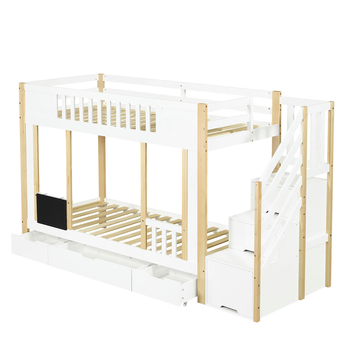 ETAGENBETT 90/200 cm mit Treppenschrank, 3 Rollschubladen und Tafel, Weiß/Natur - Weiß, Holzwerkstoff (90/200cm) - Redom