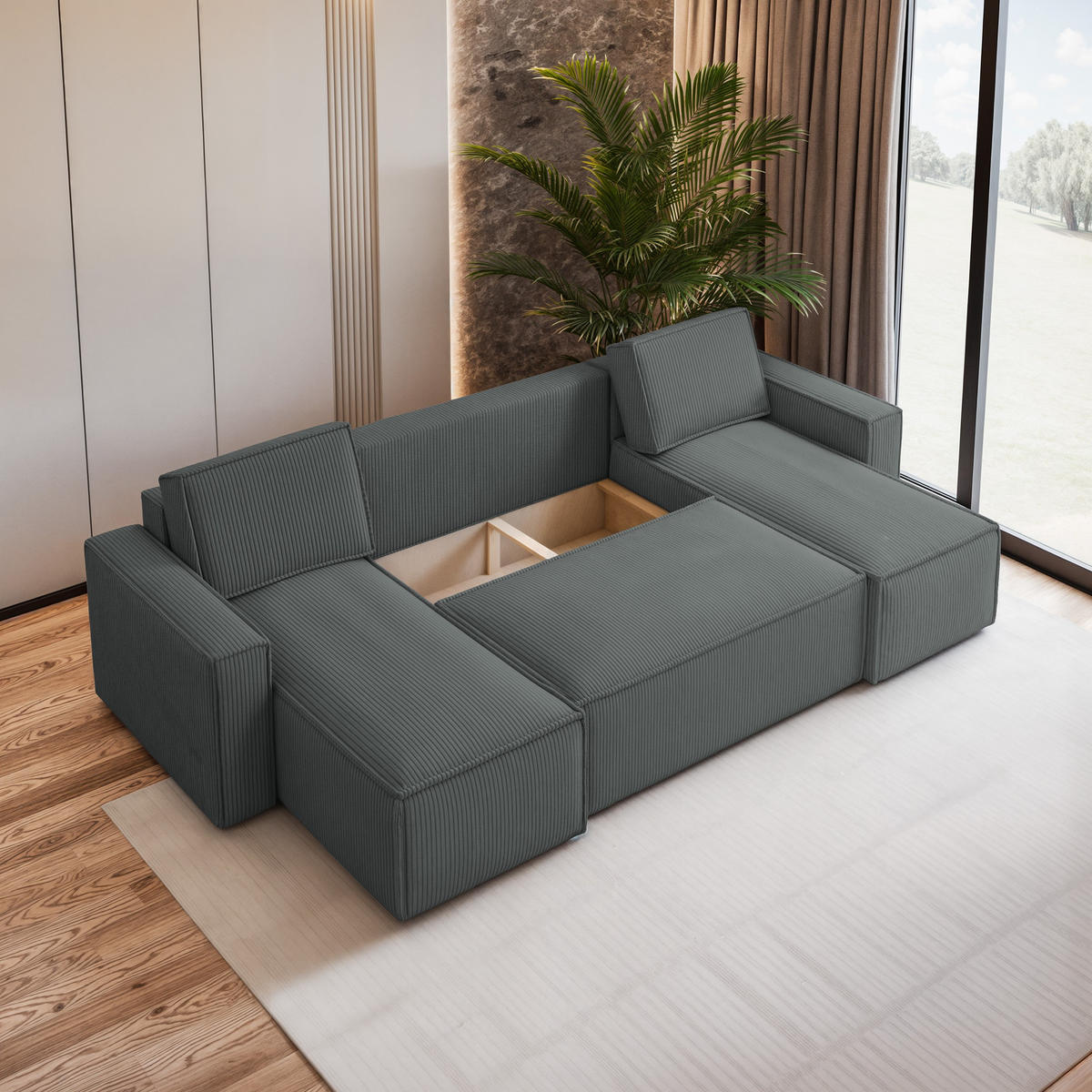 WOHNLANDSCHAFT PESANO P Grau Kordstoff mit Schlaffunktion - Grau, Holz (306/85/140cm) - MASSENO