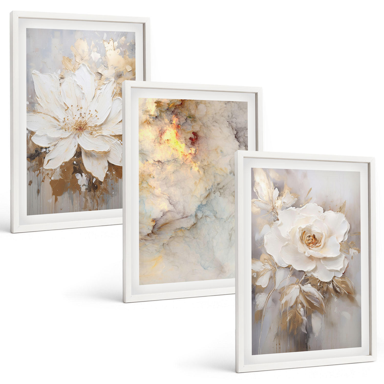 BILDER SET 3er Set - 40x60 cm Weißer Rahmen - Blumen heller abstrakter Hintergrund - Weiß, Kunststoff (40/60cm) - TULUP