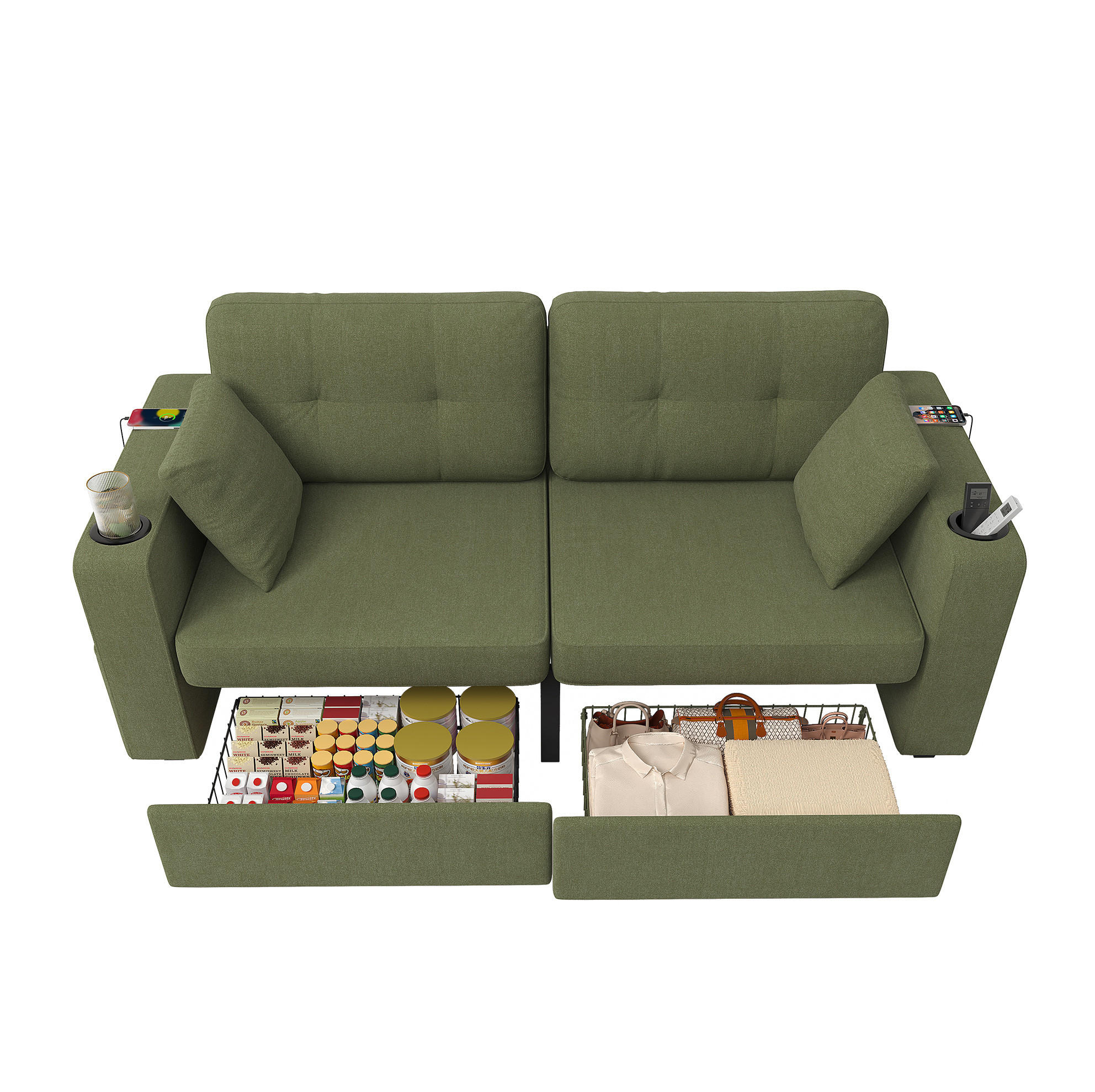 2-SITZER-SOFA 172/75/82 cm mit USB-Anschlüssen, Stauraumschubladen, Getränkehaltern und Seitentaschen, Olive - Salbeigrün, Textil (172/82/75cm) - Redom