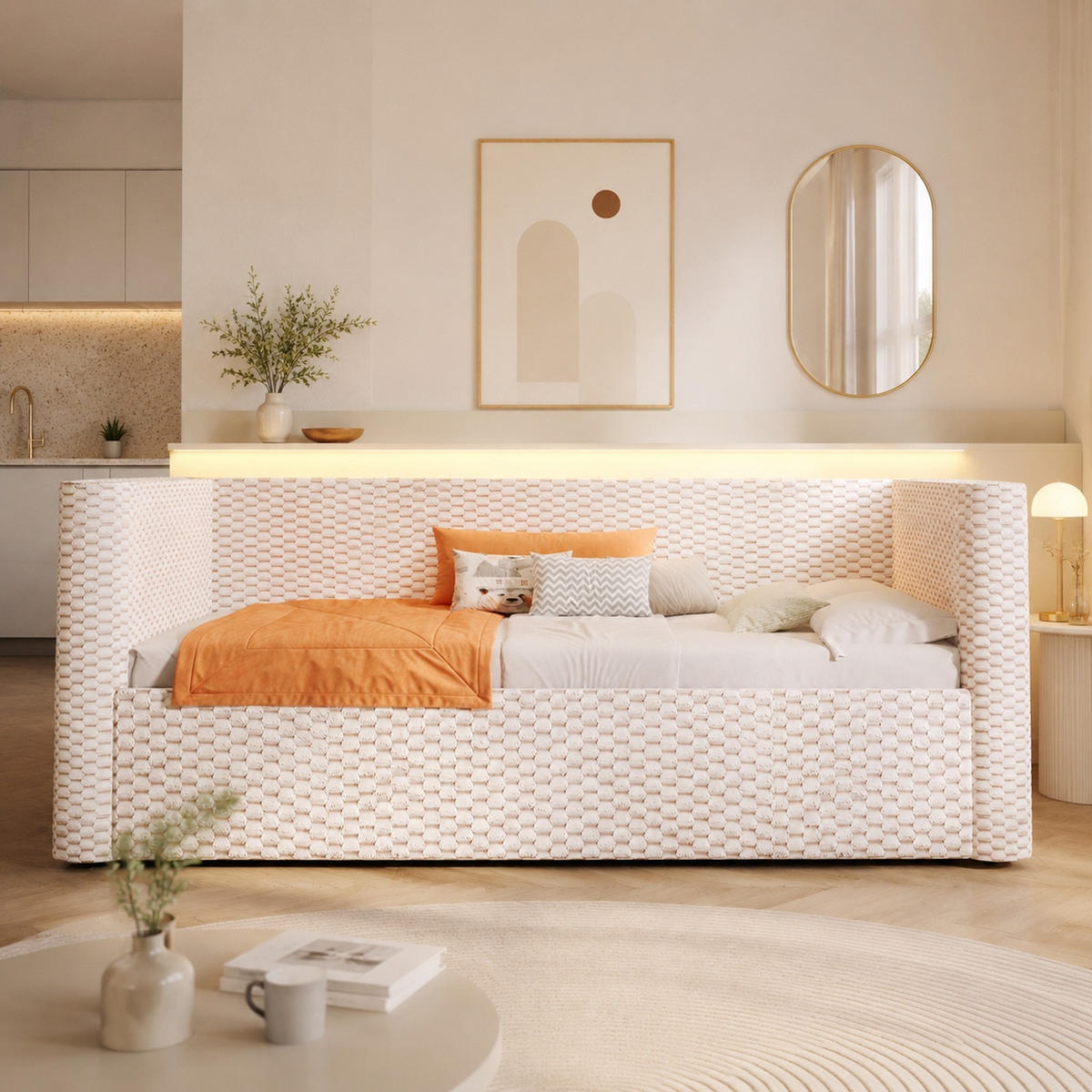 POLSTERBETT 90/200 mit Bettkasten und LED-Beleuchtung in Beige - Beige, Holzwerkstoff/Textil (90/200cm) - EVRYAE