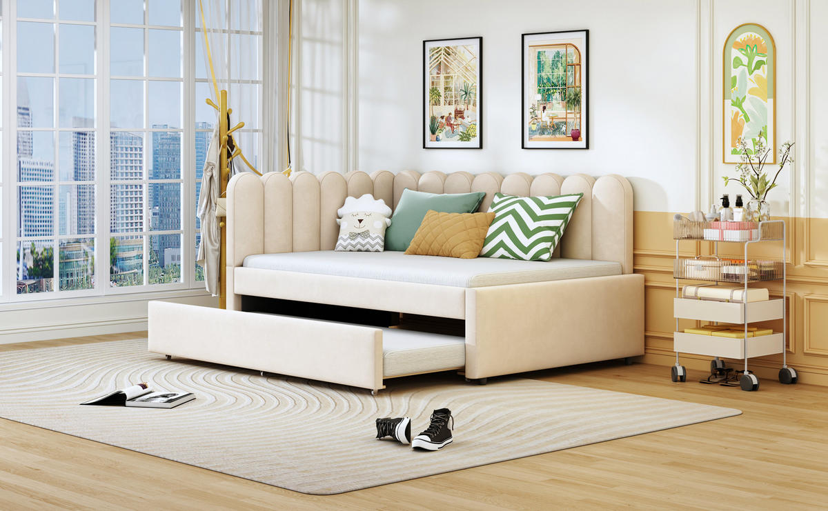 POLSTERBETT 140x200 cm mit Ausziehbett 90x190 cm, Samt, Beige - Beige, Holz (140/200cm)
