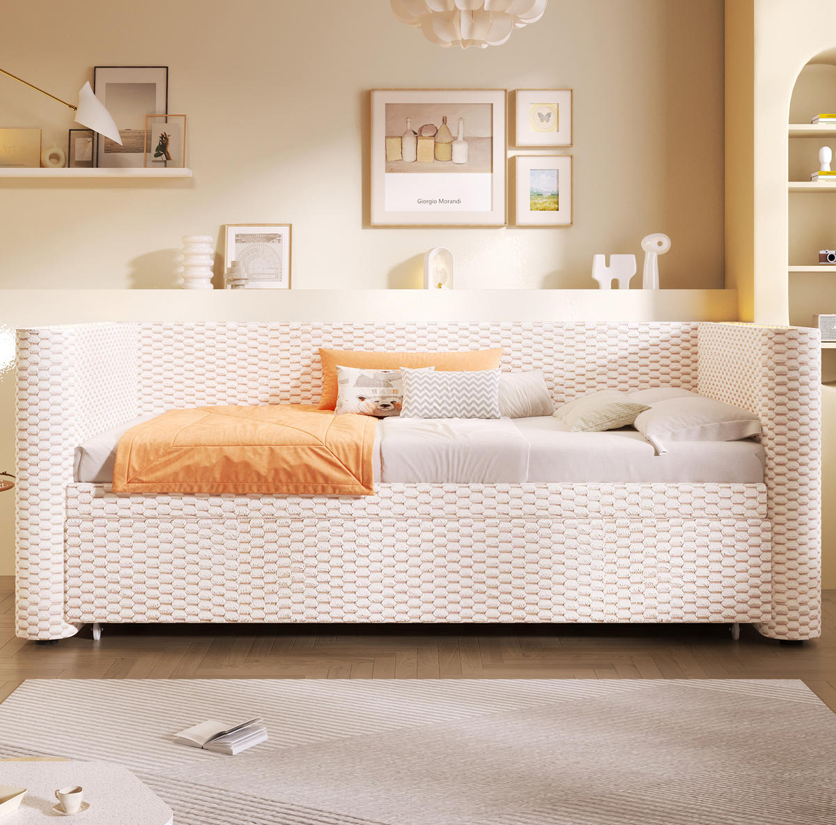 TAGESBETT aus Samt 90x200 cm Beige mit Ausziehfunktion, LED-Beleuchtung und Liegefläche 180x200 cm - Beige, Textil (90/200cm) - Modfu