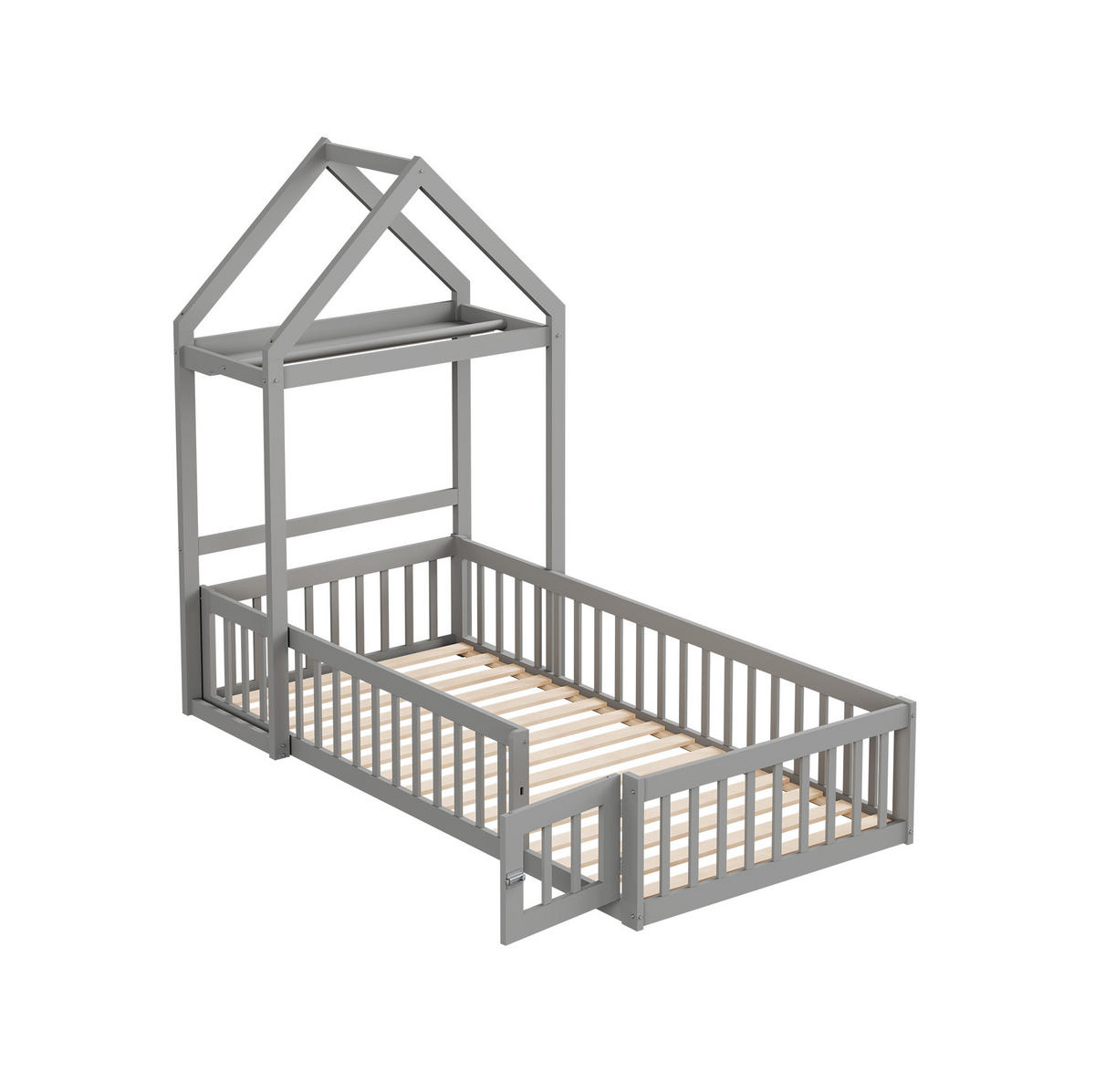 HAUSBETT 90/200 cm in Grau – mit Dachaufbau, Tür und Stauraum - Grau, Holz (90/200cm) - BEAOK