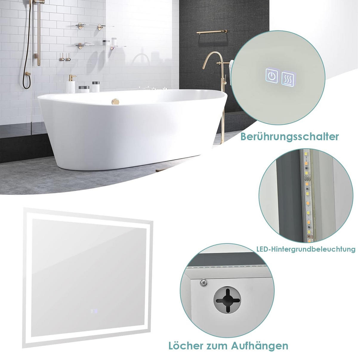 BADSPIEGEL LED-Spiegel Silber - Silberfarben, Glas (60/4/80cm) - COSTWAY