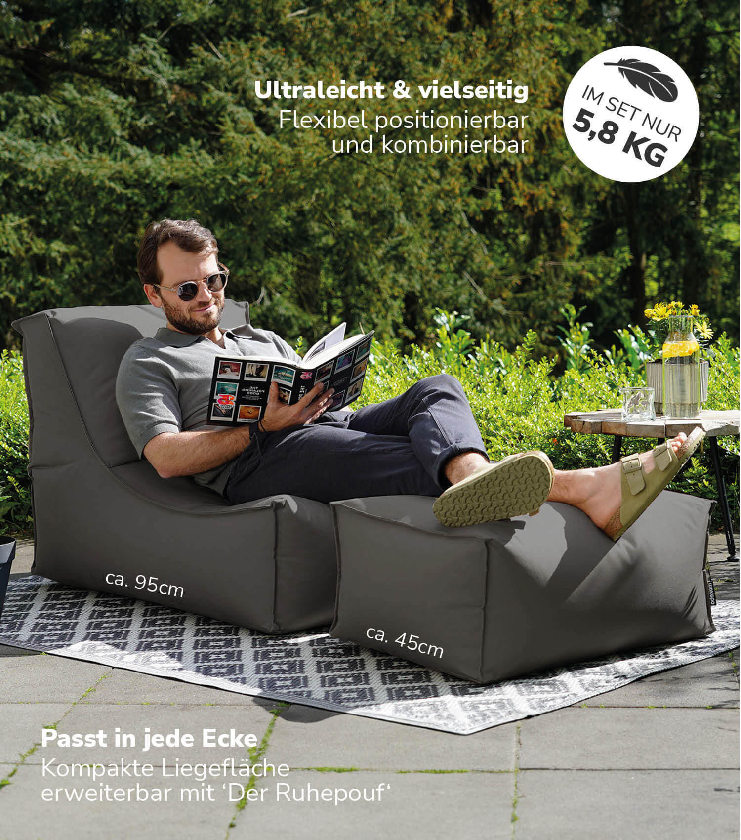 SITZSACK mit Hocker Der Sundowner - Anthrazit, Textil (60/65/140cm) - Mokebo