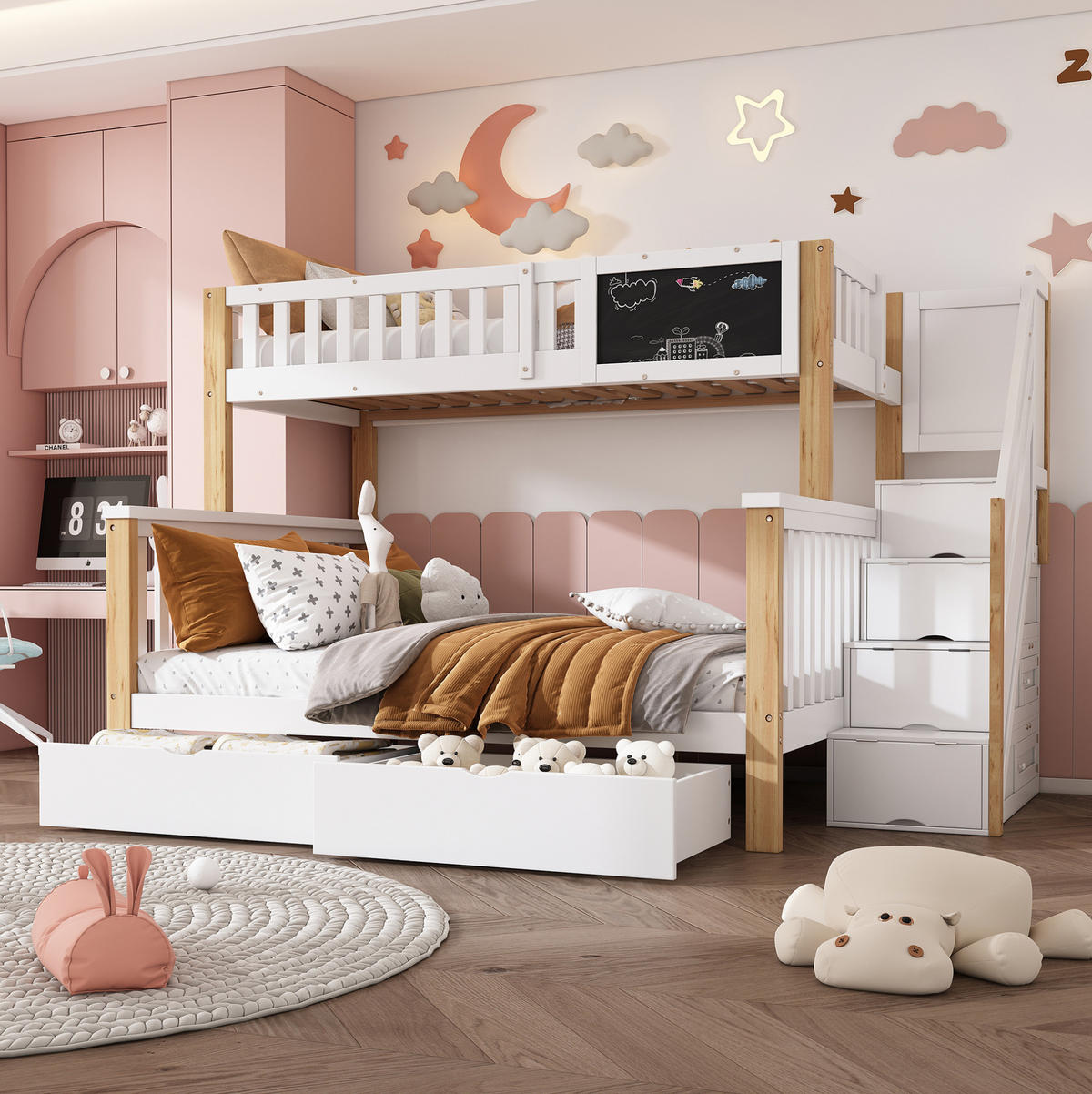 ETAGENBETT 90/200 cm in Weiß/Hell-Eiche mit Tafel und Stauraum - Weiß, Holz (90/200cm) - OKMYHOME