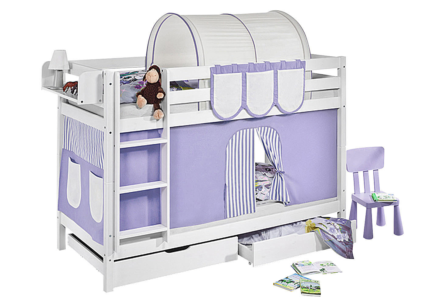 ETAGENBETT JELLE 90x190 cm lila beige gestreift - Hochbett - inkl. Vorhang und 2 Lattenrosten - Weiß, Holz - Lilokids