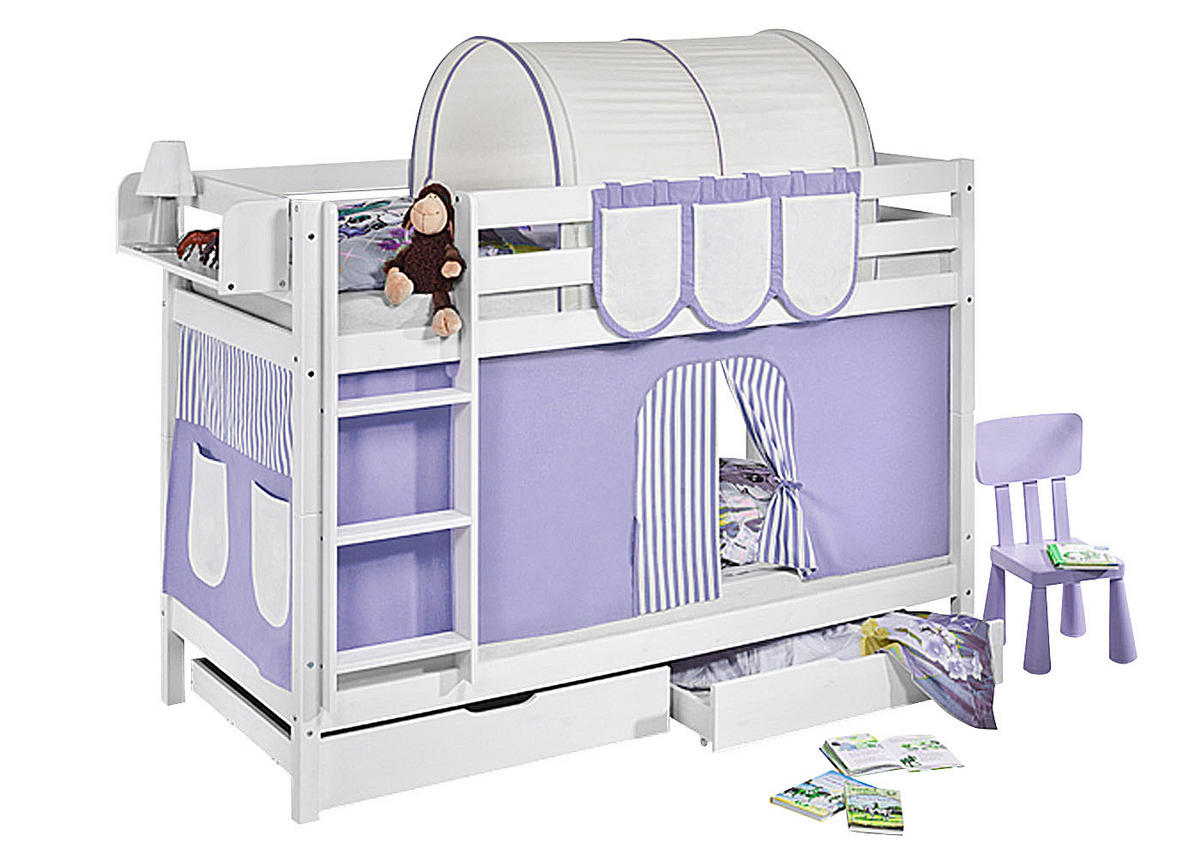 ETAGENBETT JELLE 90x190 cm lila beige gestreift - Hochbett - inkl. Vorhang und 2 Lattenrosten - Weiß, Holz - Lilokids