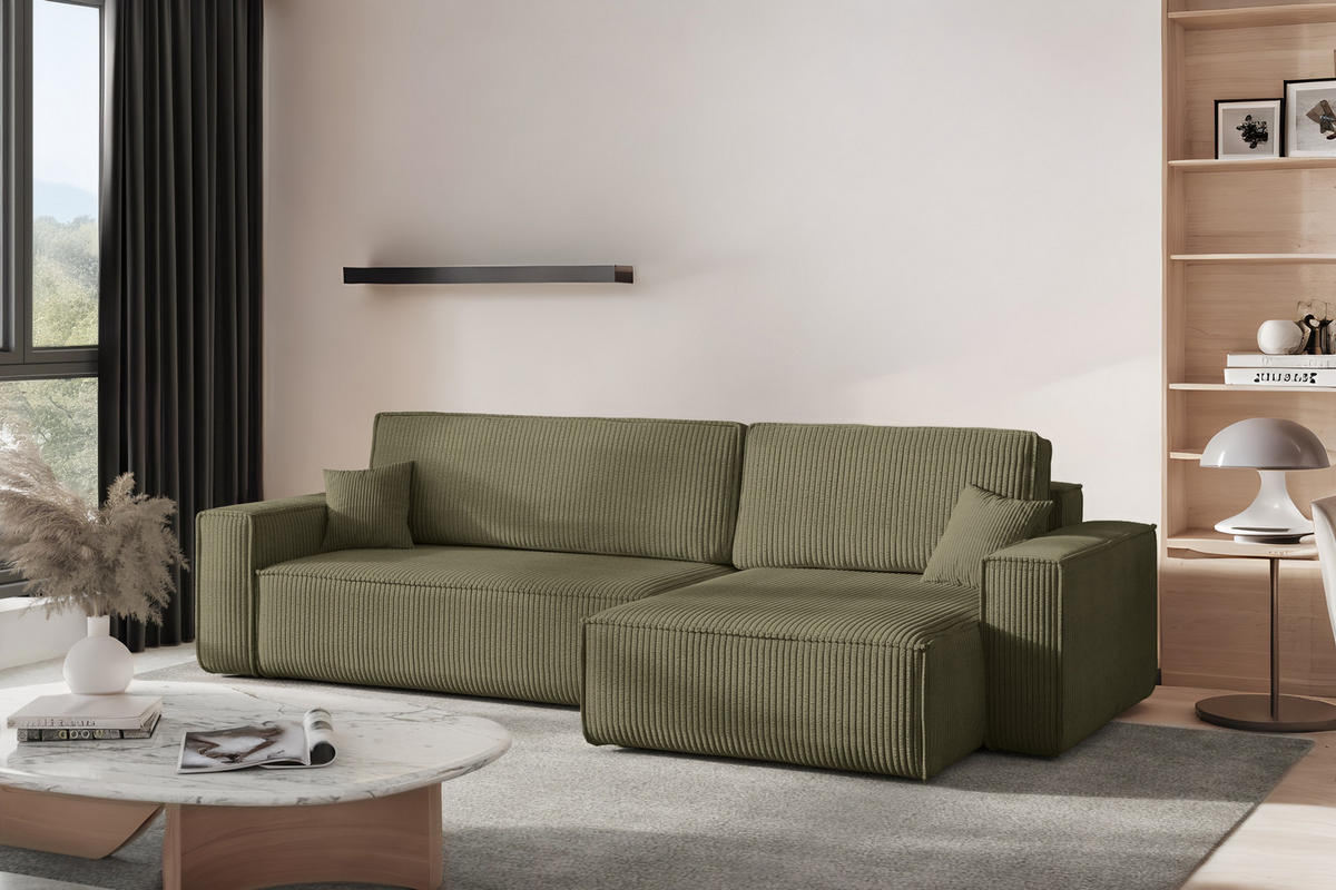 ECKSOFA Mit Schlaffunktion Und Bettkasten, Eckcouch BEST XL Stoff Poso Dicker Cord Olive Rechts - Schwarz/Olivgrün, Holz/Kunststoff (274/142cm) - Kaiser Möbel