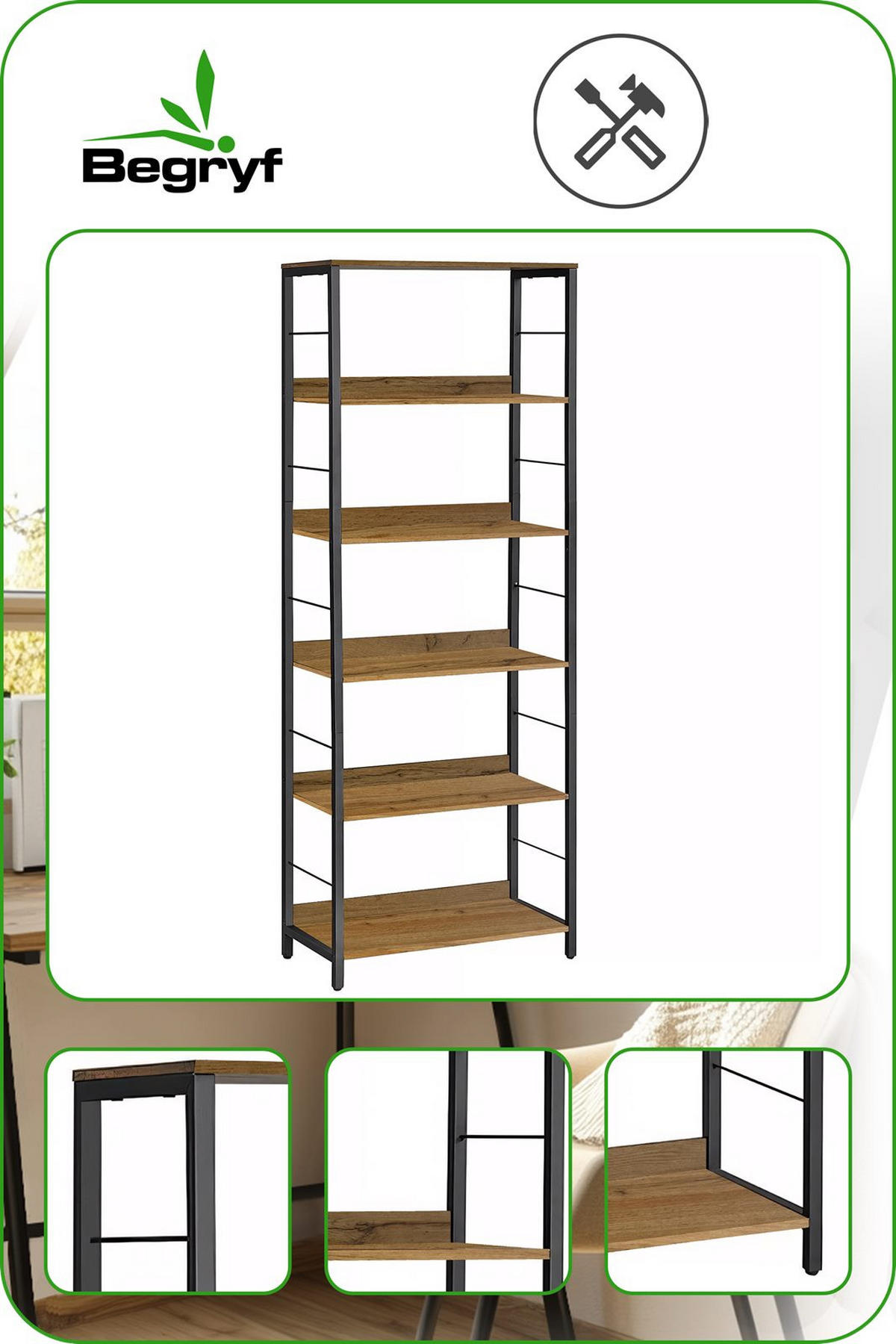 STANDREGAL Holzoptik Metall Erlefarben Schwarz 6 Ebenen 178x60x30 cm - Erlefarben/Schwarz, Holzwerkstoff/Metall (60/178/30cm) - Begryf