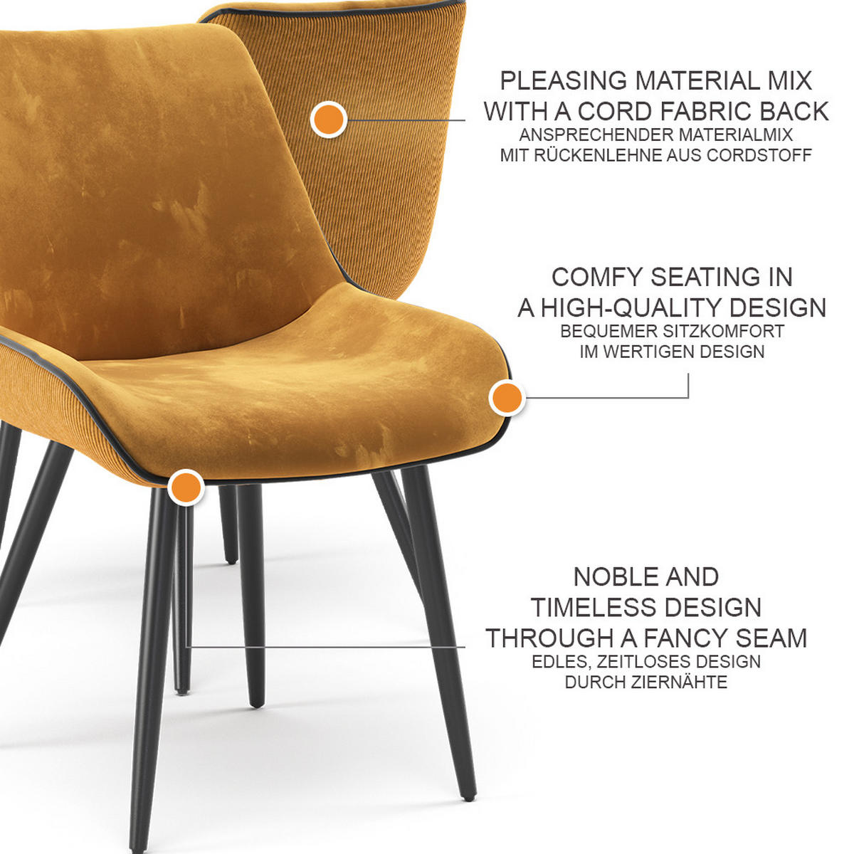 ESSZIMMERSTUHL Eleganza Gelb 2er Set - Dunkelgelb, Metall (53.5/85/59cm) - Vicco