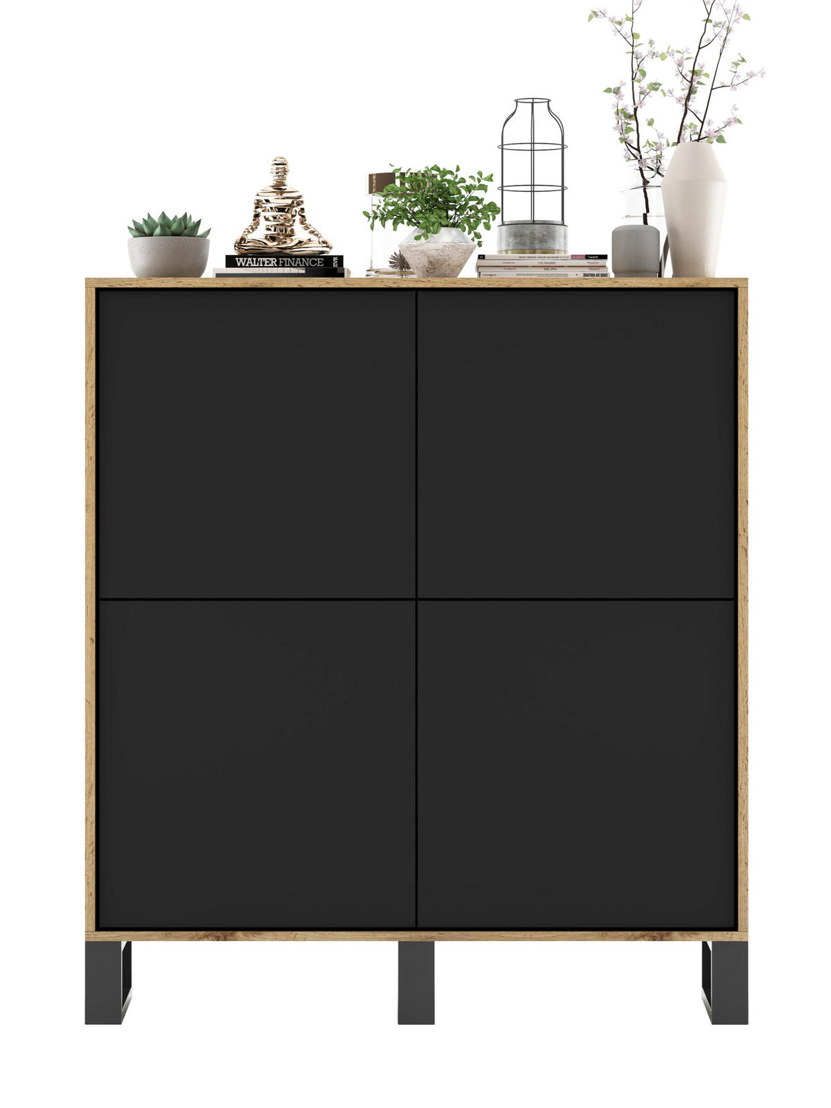 KOMMODE Apollo 4D Eiche wotan Schwarz Matt mit metallbeinen 113 cm - Schwarz, Holzwerkstoff/Metall (113/127/35cm) - Meble Lindner