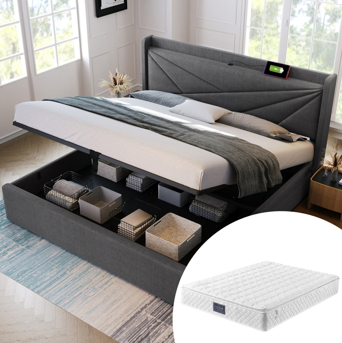 POLSTERBETT 160/200 cm Grau aus Baumwolle und Leinen mit Bettkasten und USB-/Typ-C-Ladefunktion - Grau, Textil (160/200cm) - OKMYHOME