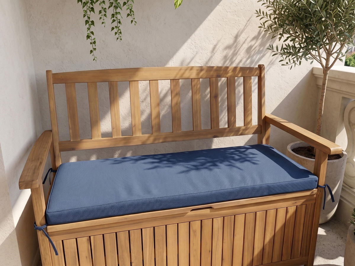 ZAHRADNÍ LAVICE s podložkou 120 cm s úložným prostorem Akáciové dřevo Modrá Sovana - modrá/hnědá, dřevo (120/91/60cm) - Beliani