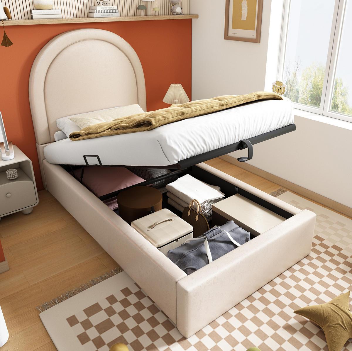 KINDERBETT 90/200 cm Beige aus PU mit Stauraum und Matratze - Beige, Leder (90/200cm) - Flora Grace