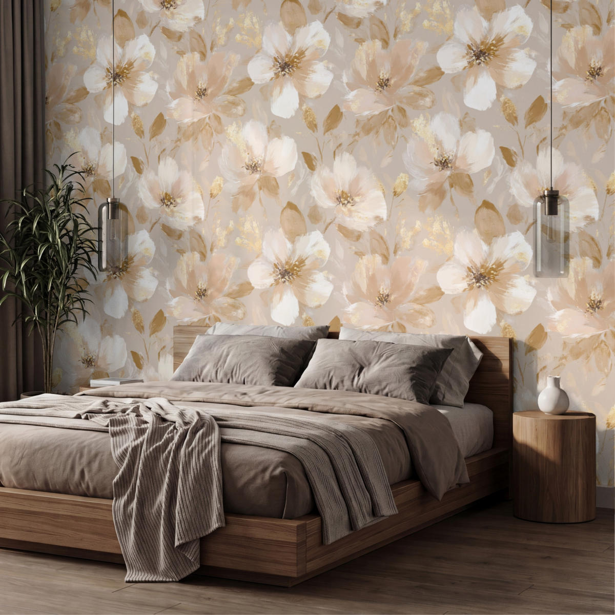 TAPETE - Blumen - künstlerisch - Gold - 450x260 cm - Beige, Papier (450/260cm) - OnlyWow