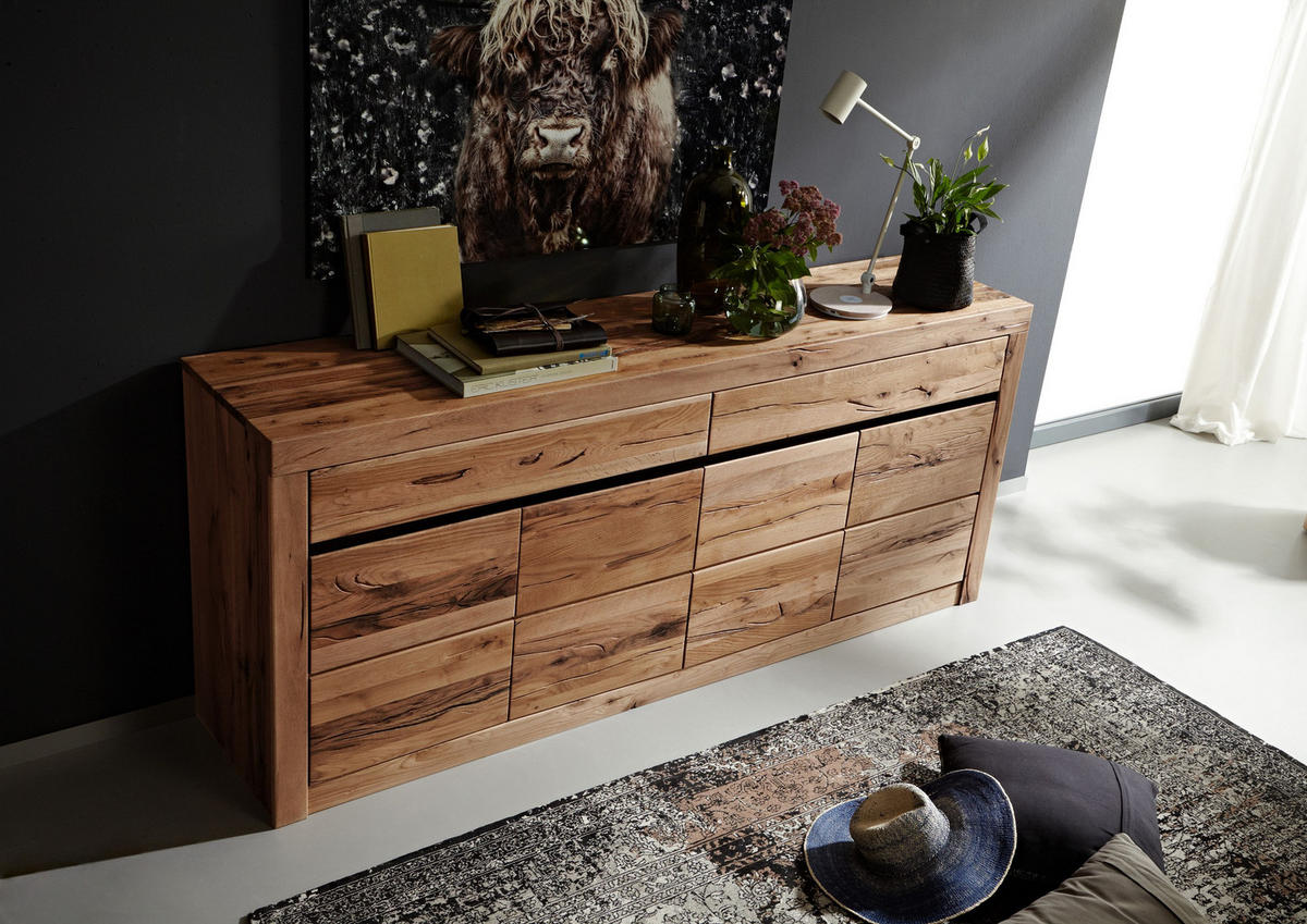 SIDEBOARD Wildeiche / Zerreiche 202x43x80 natur geölt MONTREUX #152 - Braun, Holz (202/80/43cm) - Massivmoebel24