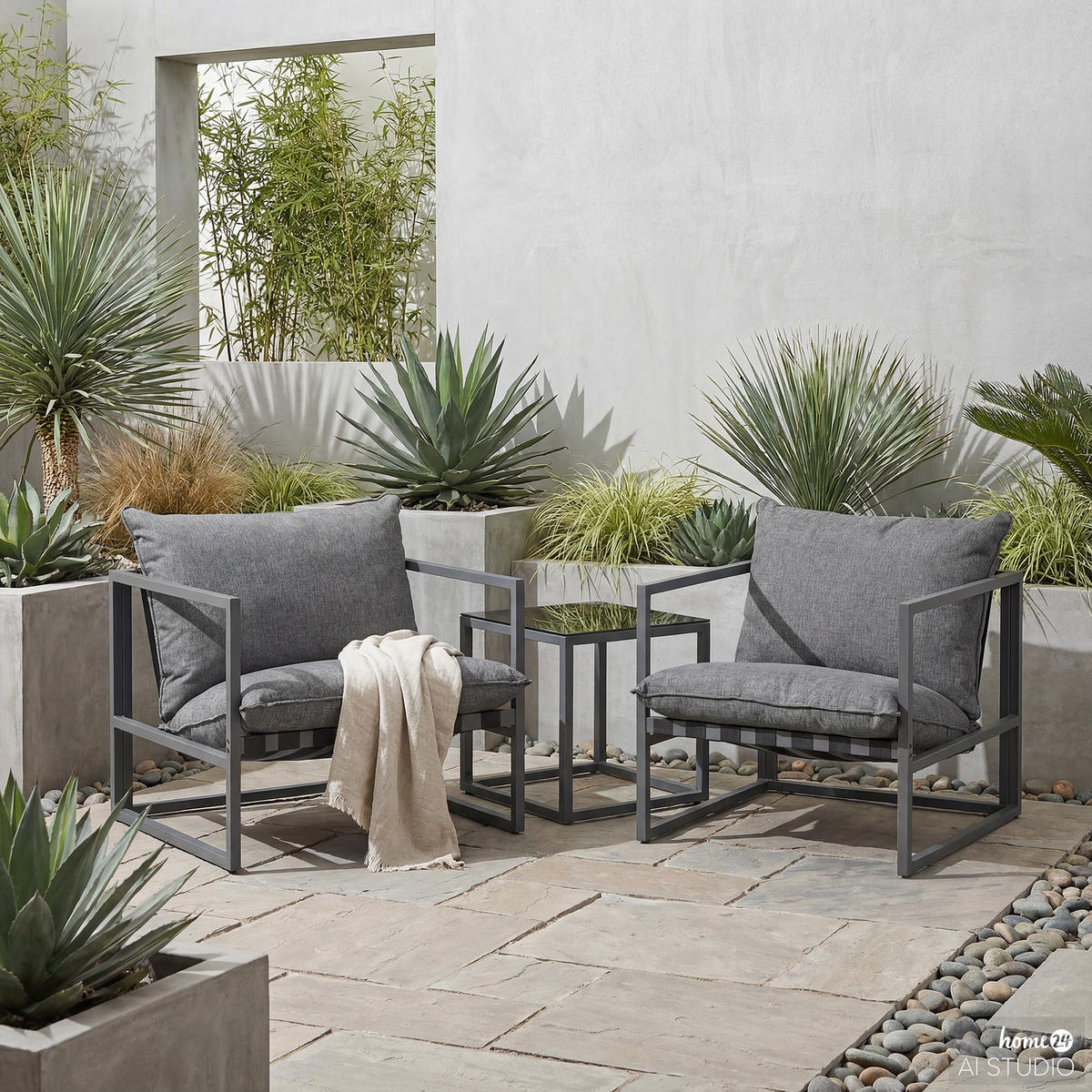 LOUNGEGRUPPE - 3-teilig - Stahl / Webstoff - Grau - Grau, Glas/Textil - home24