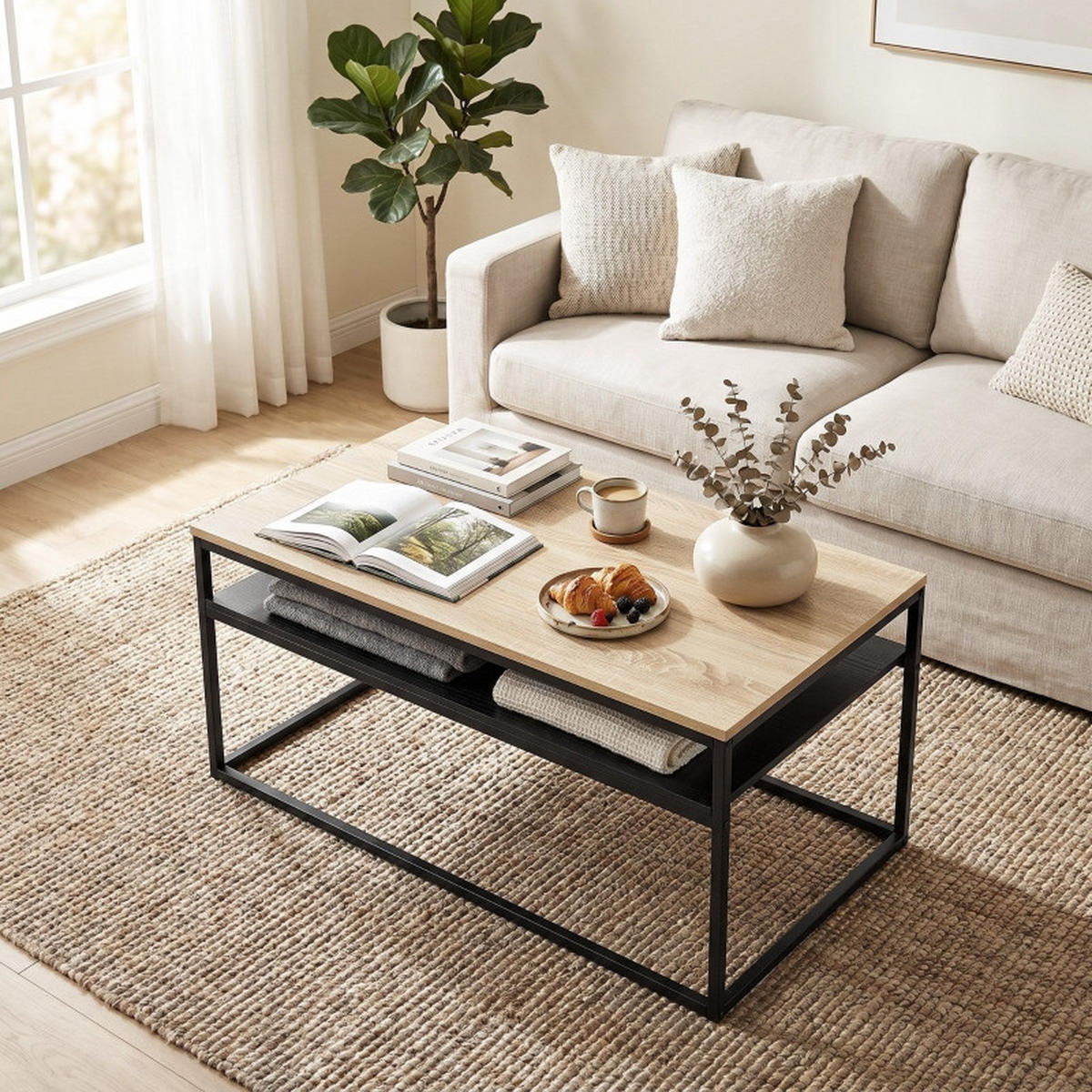 COUCHTISCH DE-37206 mit 2 Ebenen und Zweifarbdesign Eiche/Schwarz - Eichefarben, Holzwerkstoff (100/59.8/47cm) - ComfortXL
