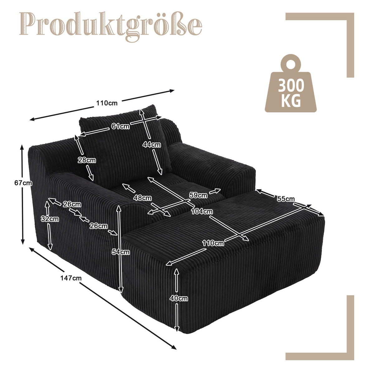 SESSEL mit Hocker in Cord Übergroßer Relaxsessel - Schwarz, Textil (147/67/110cm) - Urban Meuble