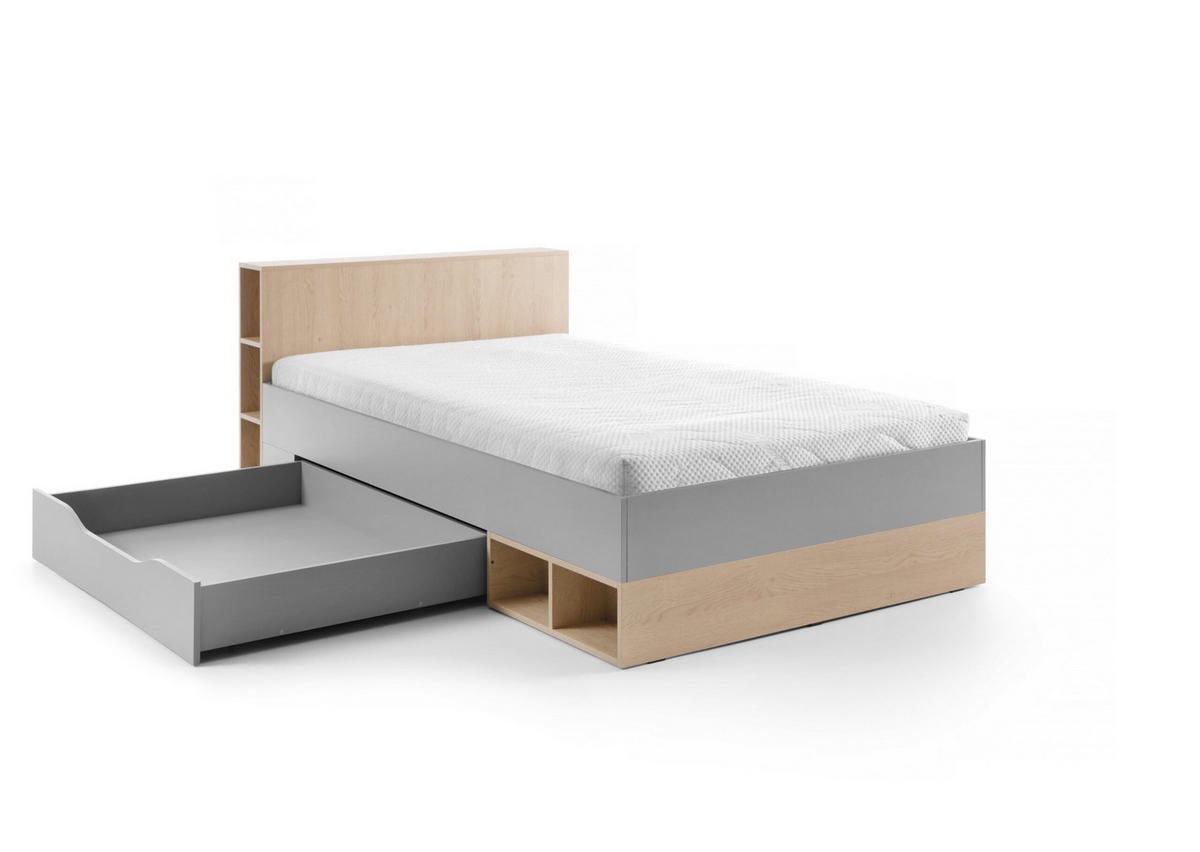 JUGENDBETT Nova in Grau und Eiche 120x200cm - Grau, Holzwerkstoff