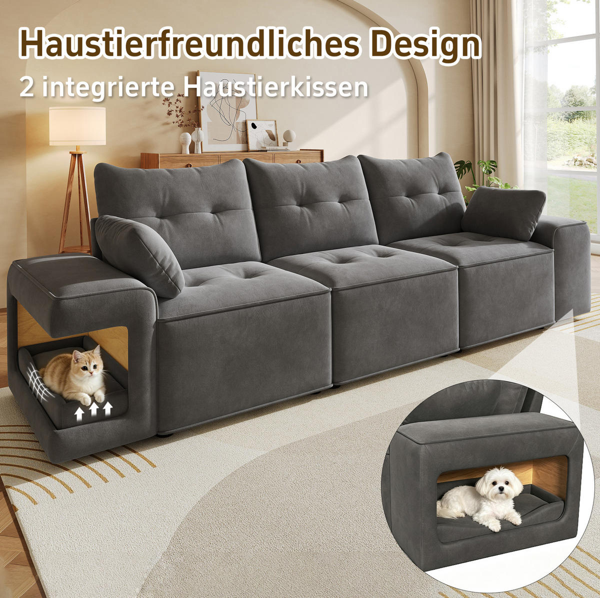 3-SITZER-SOFA 229,5/78/84 cm mit Stauraum, Haustiernischen und breiten Armlehnen, Samt, Grau - Grau, Textil (229.5/84/78cm) - Redom