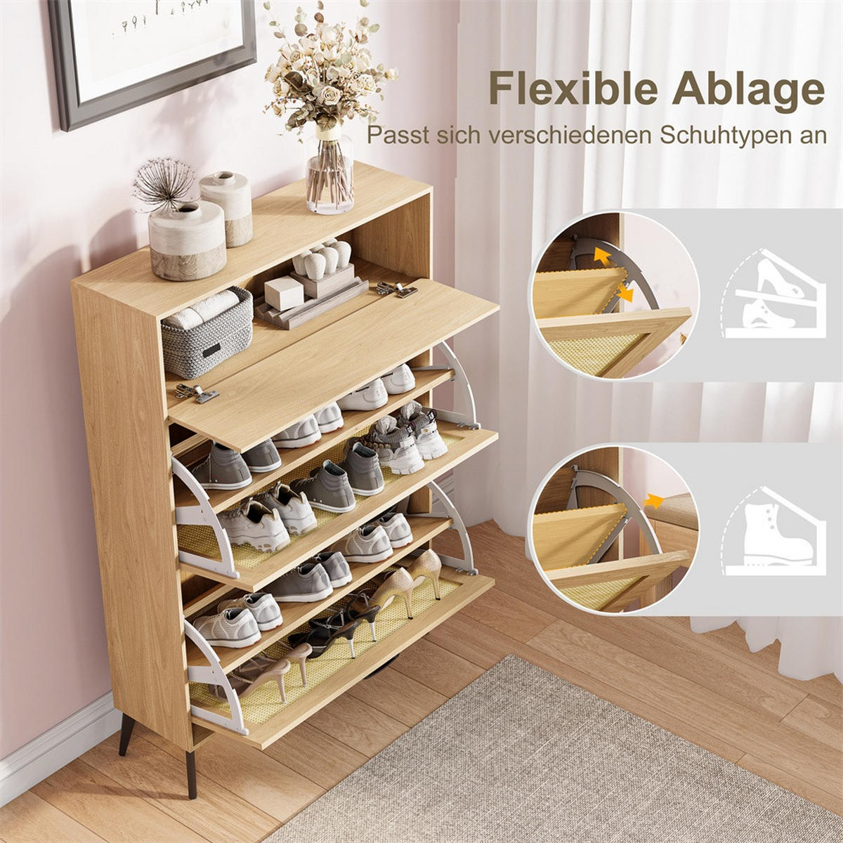 SCHUHSCHRANK im skandinavischen Design - Kipp-Schuhkipper mit 2 Klappen und dekorativem Geflecht - Eichefarben, Holzwerkstoff (24/99/80cm) - DELFA