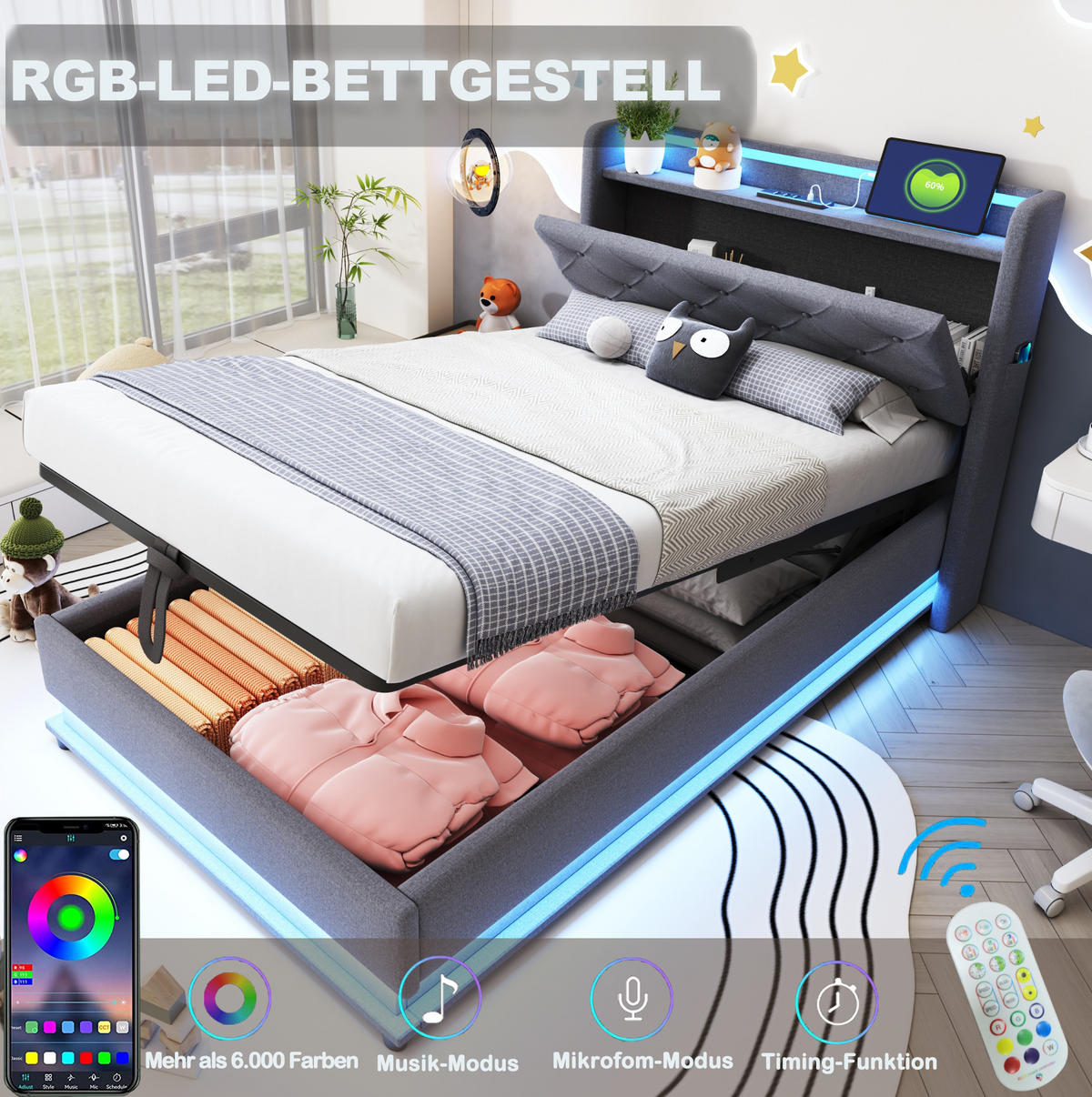 POLSTERBETT 90/200 cm Grau aus Leinenstoff mit Stauraum - Grau, Textil (90/200cm) - OKMYHOME