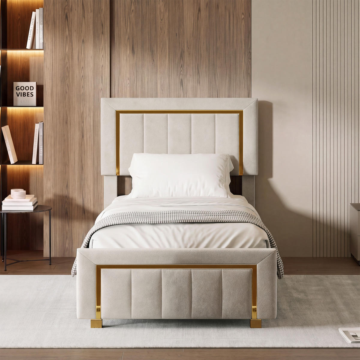 POLSTERBETT 90x200 cm Beige mit Bettkasten, Samtbezug & goldenen Akzenten - Beige, Holz (90/200cm)