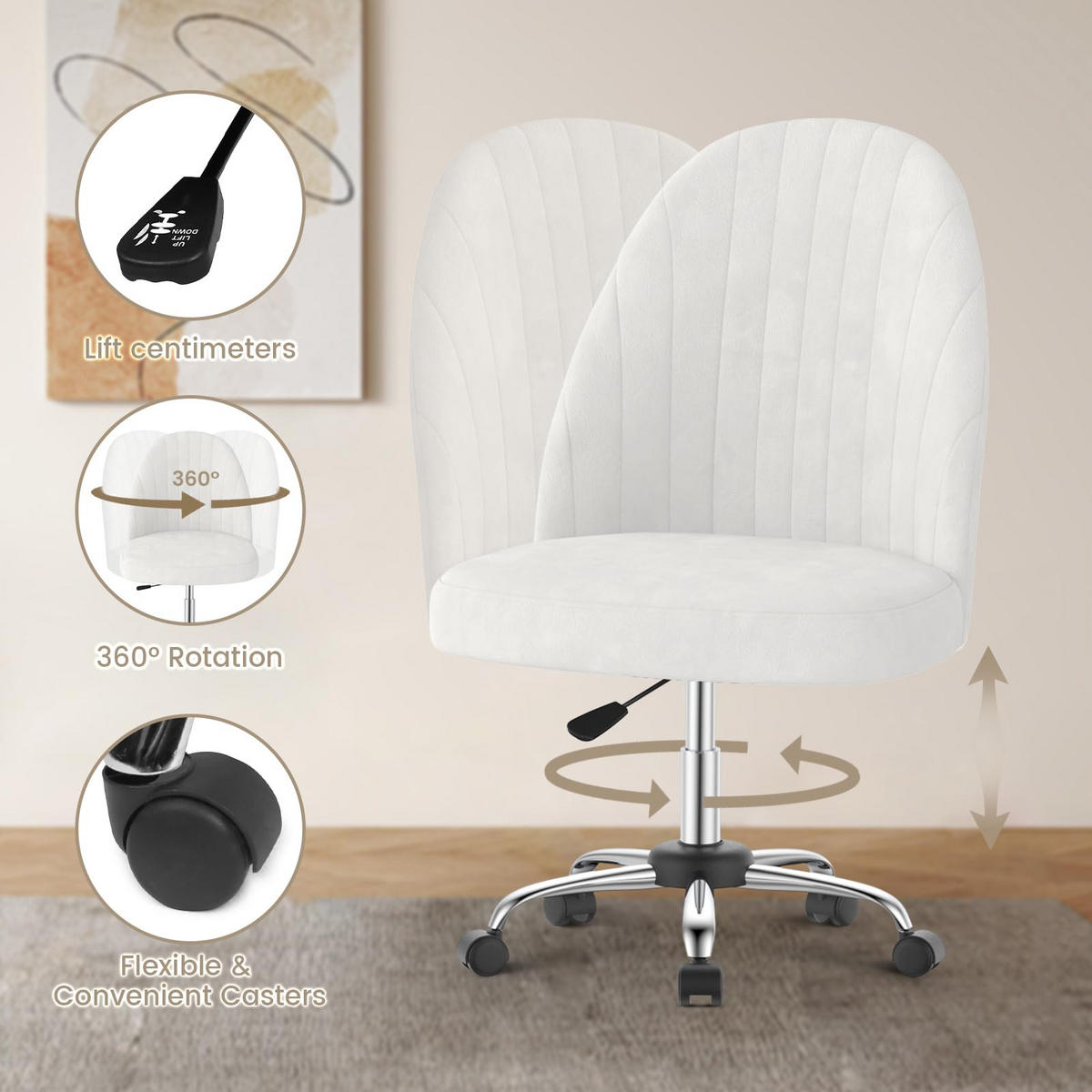 DREHSTUHL Beige Samt ergonomisch drehbar - Hellgelb, Metall (30/44.5/48.5cm) - Rattrix