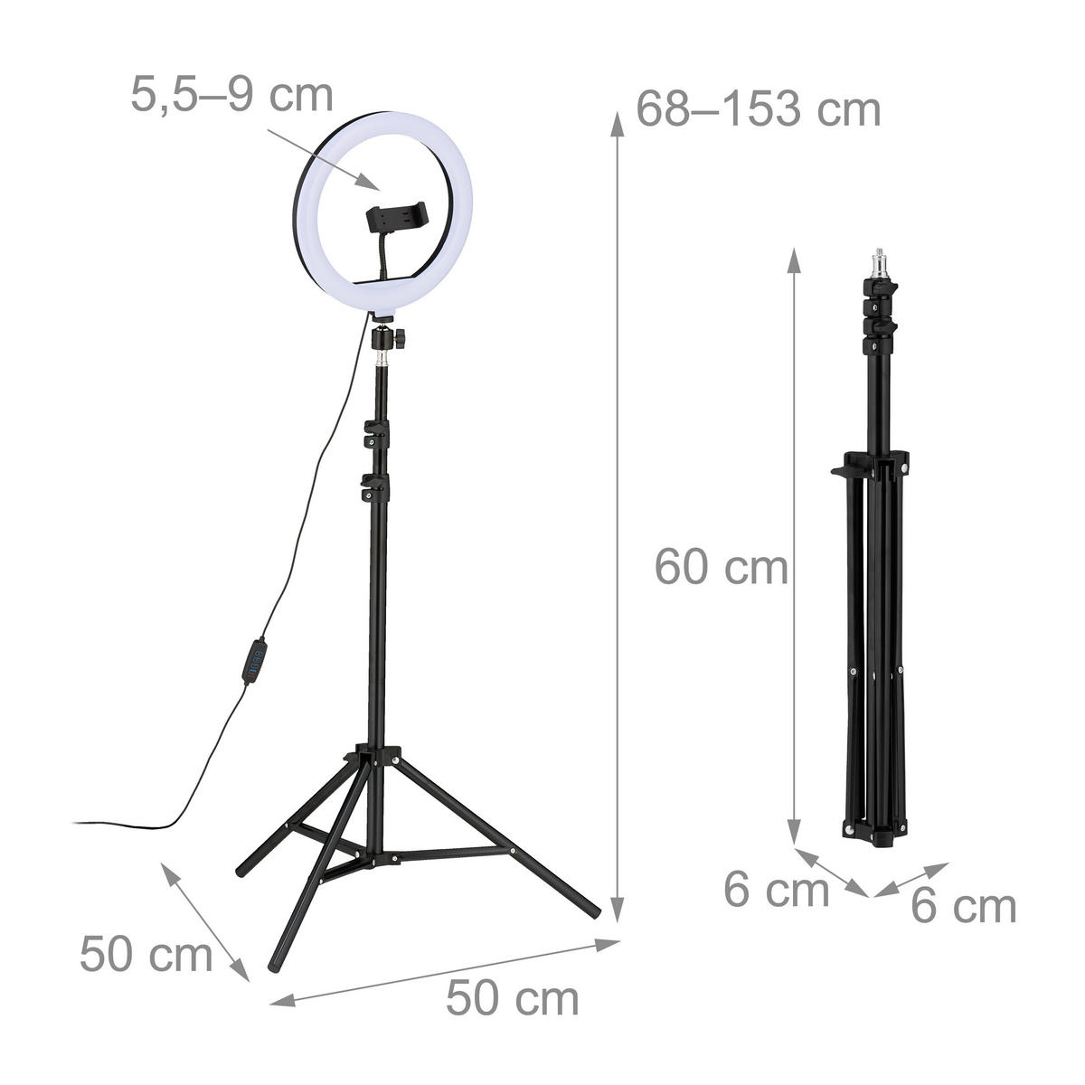 RINGLEUCHTE Weiß Schwarz LED dimmbar Stativ 25 cm Smartphonehalter - Multicolor, Kunststoff/Metall (50/50/153cm) - Relaxdays
