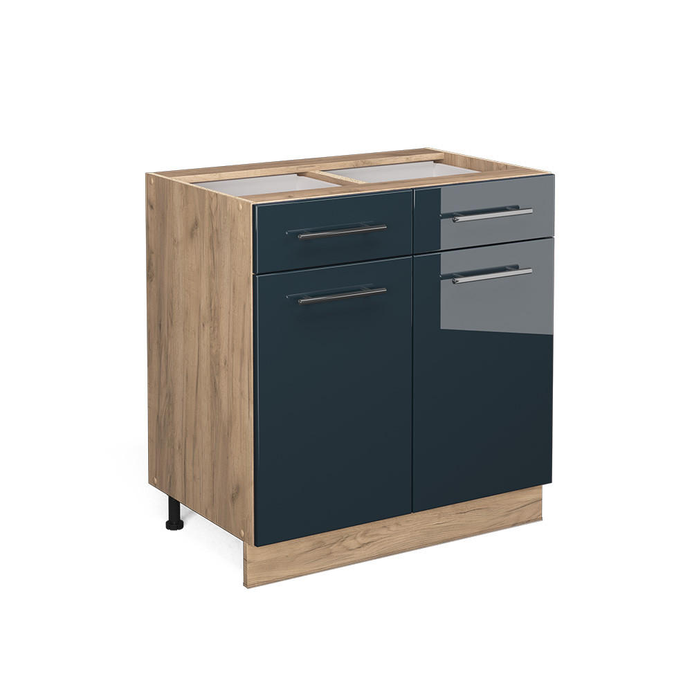 KÜCHENUNTERSCHRANK Fame-Line Dunkelblau Hochglanz 80 cm ohne AP - Honigeiche/Eiche Wotan, Holzwerkstoff (80/82/51.6cm) - Vicco