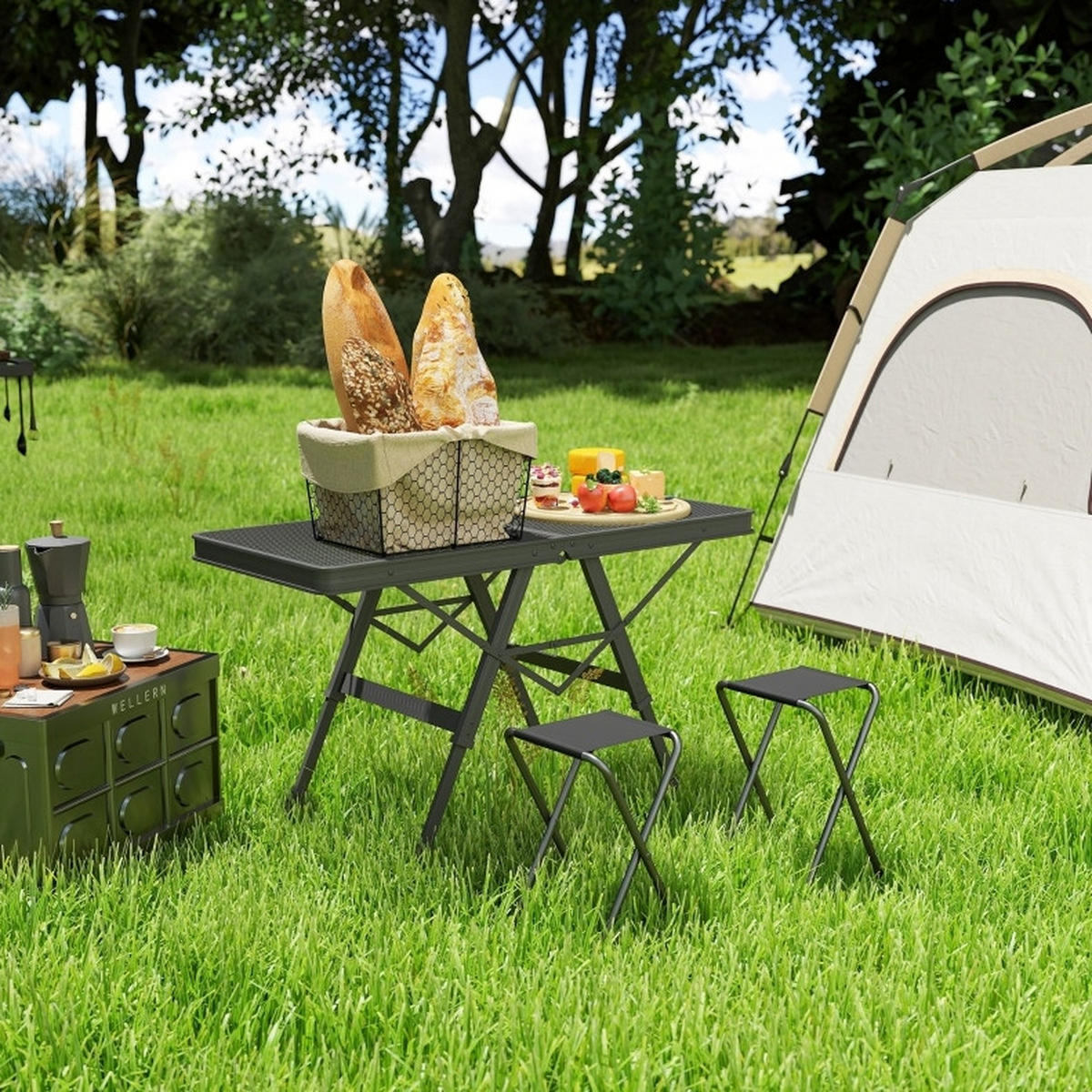 GARTENTISCH aus Metall 90x40,5x48/58 cm Schwarz mit höhenverstellbar & klappbar - Schwarz, Metall (90/40.5/58cm) - Modfu