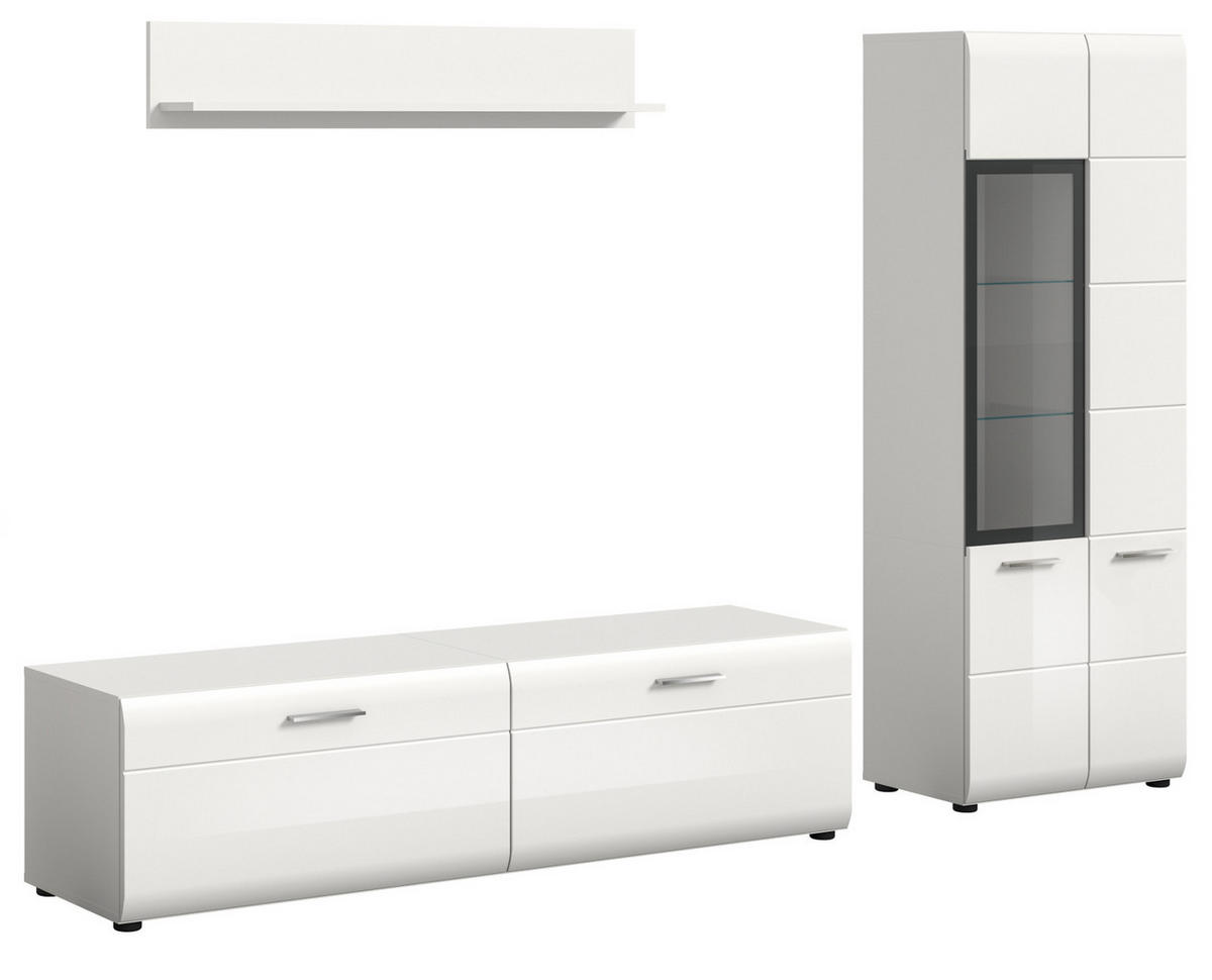 WOHNWAND weiß Hochglanz 3-teilig 235 cm, Schrankwand modernes Design - Weiß Hochglanz/Silberfarben, Glas/Holzwerkstoff (235/160/41cm) - Inn.Furn