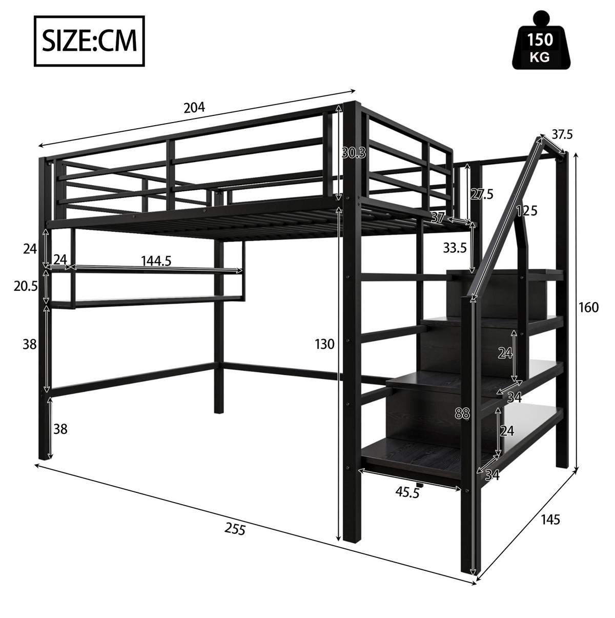 HOCHBETT 140/200 cm aus Metall mit Stauraumleiter und Regalfächern Schwarz - Schwarz, Metall (140/200cm) - Modenvie