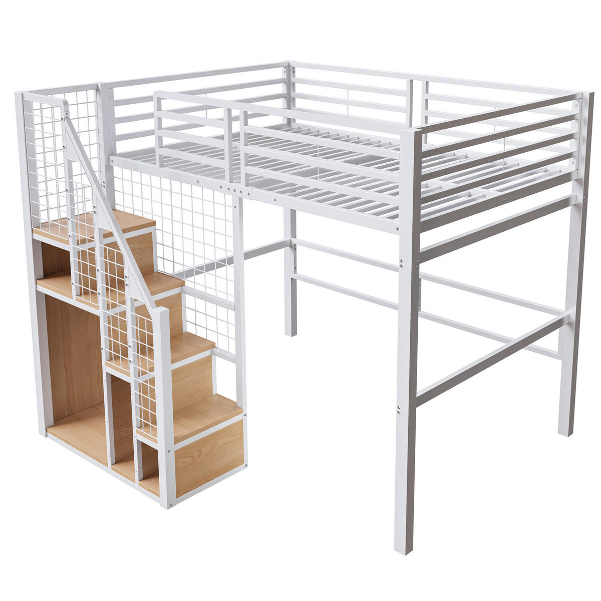 HOCHBETT aus Metall 140x200 cm in Weiß mit Treppe & Stauraum - Weiß, Metall (140/200cm) - Modfu