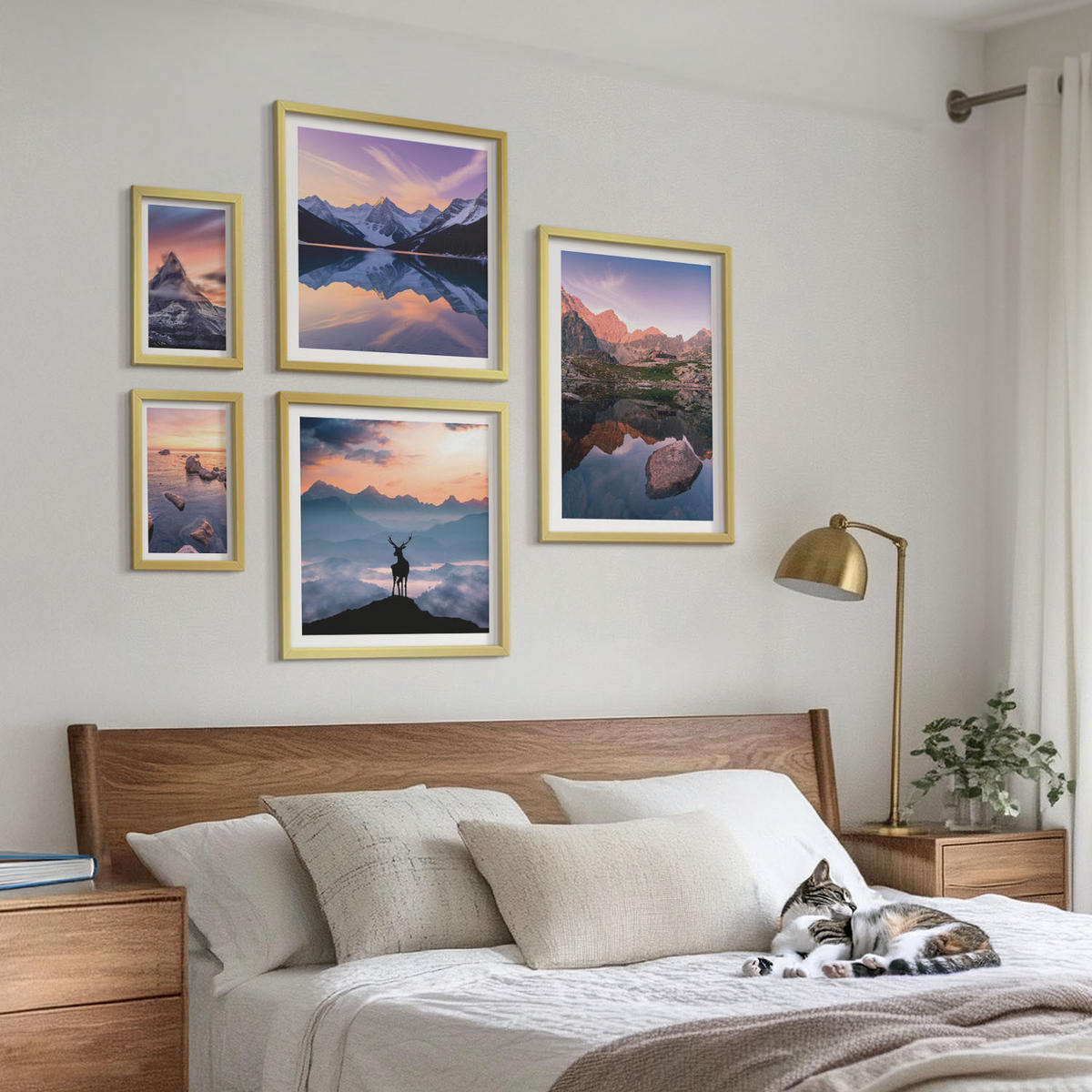 BILDER SET 5er Set - 50x50 cm & 20x30 cm & 40x60 cm Goldrahmen - Landschaften Berge Seen jelen - Goldfarben, Kunststoff (40/60cm) - TULUP