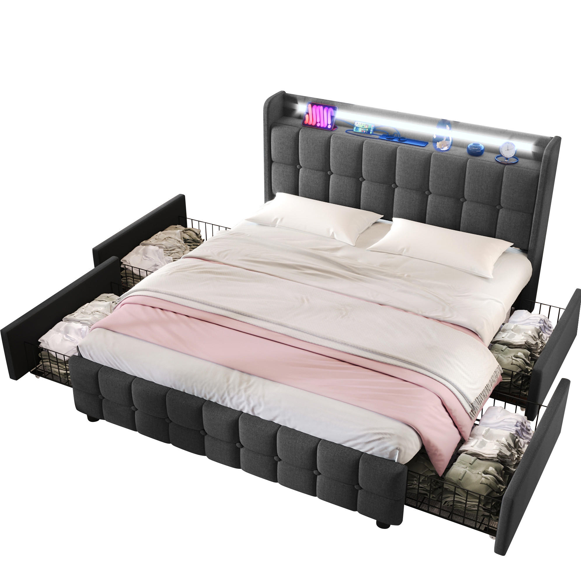 POLSTERBETT aus Leinen 160x200 cm in Grau mit LED & USB-Steckdosen - Grau, Holzwerkstoff (160/200cm) - Modfu