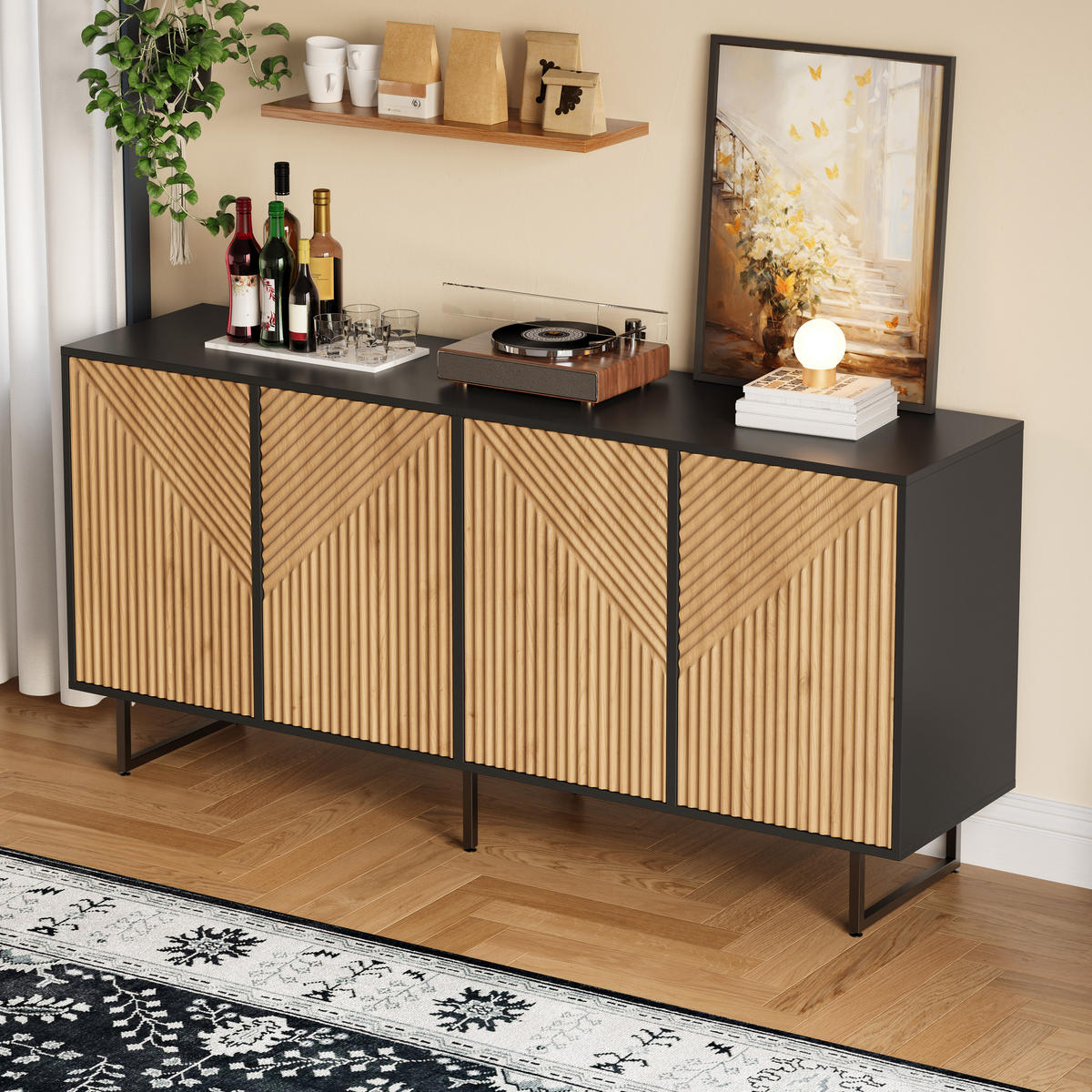 SIDEBOARD Holz Schwarz 4 Türen 160x40x75cm Vakuumform Stauraum - Naturfarben, Holzwerkstoff (40/75/160cm) - FLIEKS
