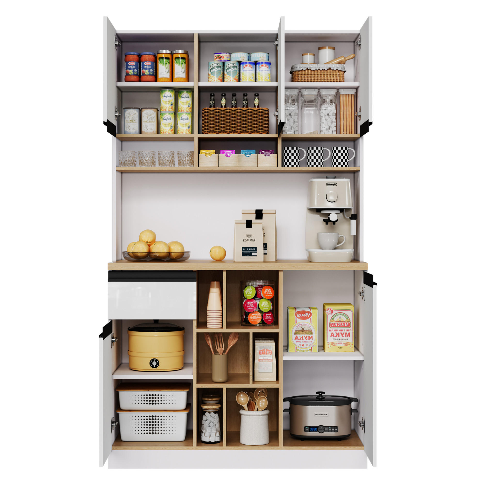 BUFFET 105/45/185 cm mit Schublade & offenen Fächern, Hochglanz in Weiß - Weiß, Holzwerkstoff (105/185/45cm) - BEAOK